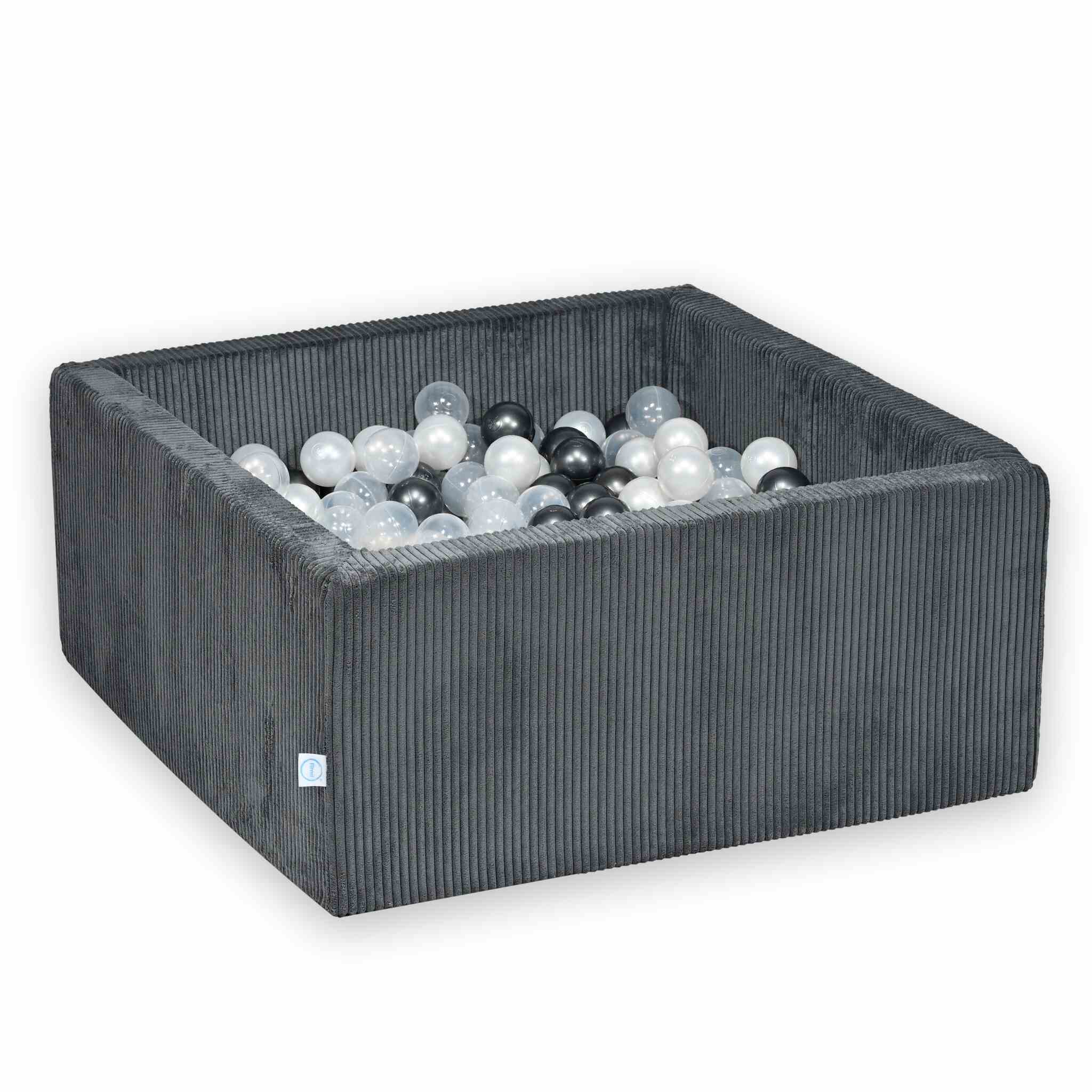 Piscine à balles square en velours côtelé graphite, 90x90x40cm – 400 balls (transparent, nacré, graphite métallisé)