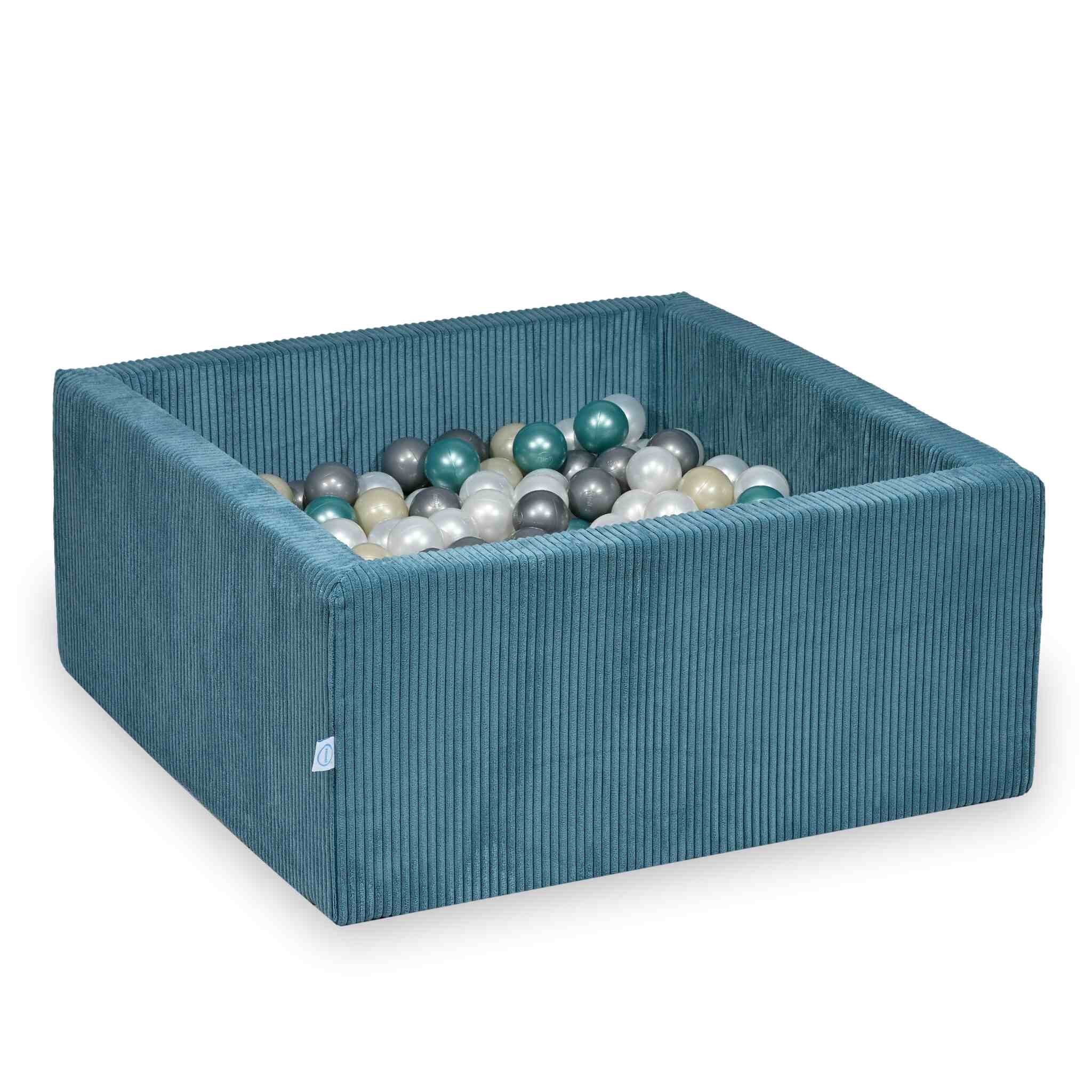 Piscine à balles square en velours côtelé bleu, 90x90x40cm – 400 balls (nacré, argenté, doré clair, turquoise métallisé)