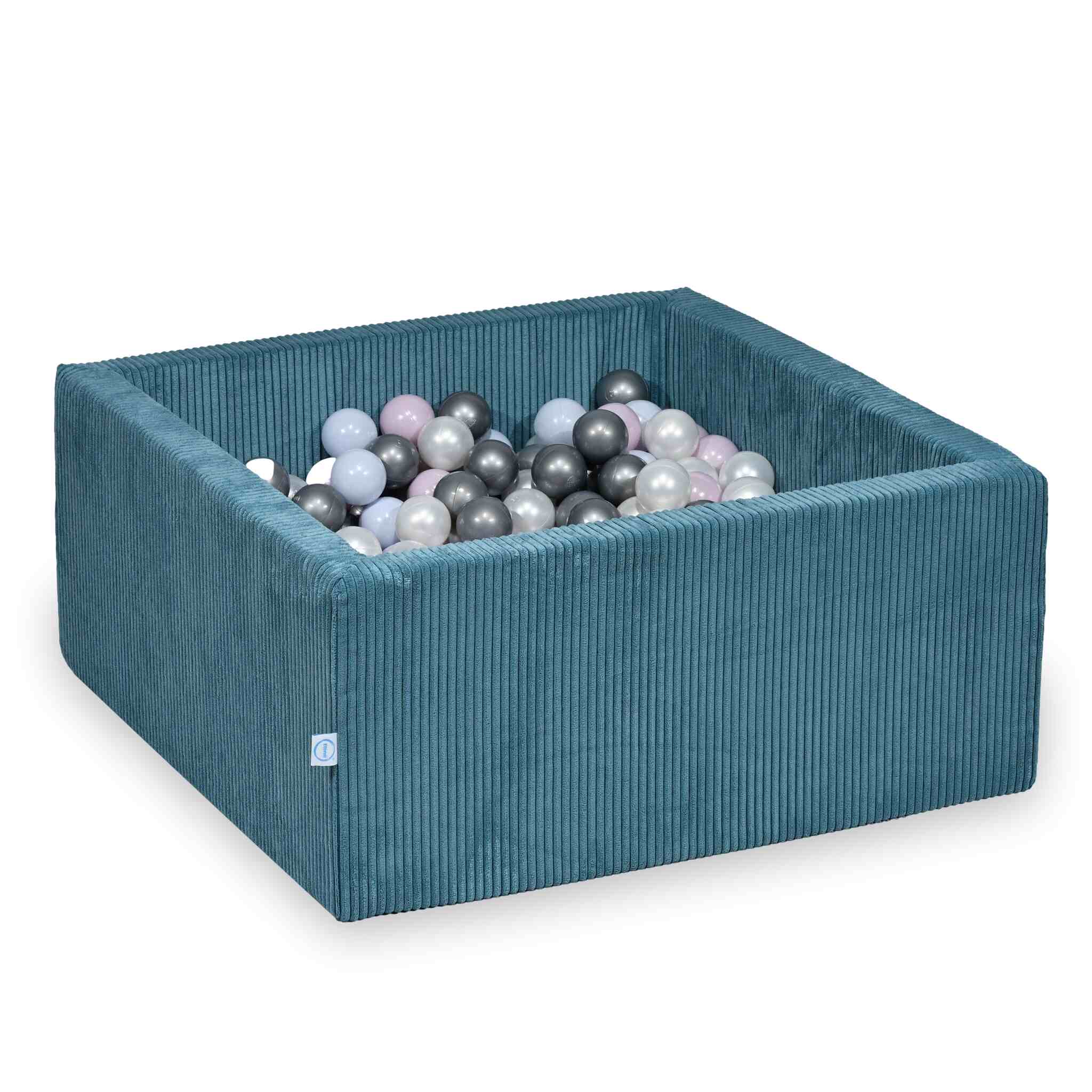 Piscine à balles square en velours côtelé bleu, 90x90x40cm – 400 balls (nacré, argenté, rose clair nacré, bleu ciel nacré)