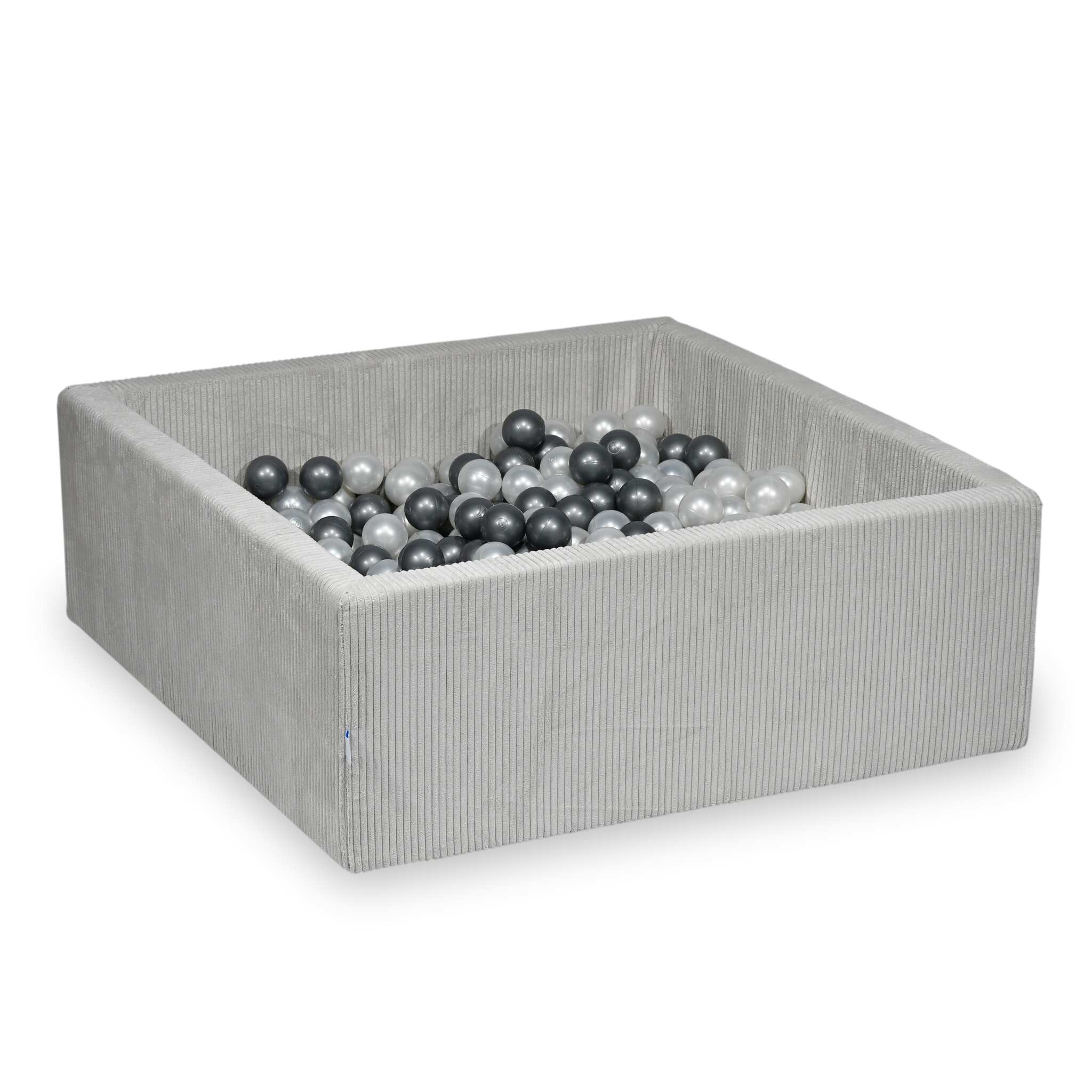 Piscine à balles square en velours côtelé gris, 110x110x40cm – 600 balls (nacré, argenté)