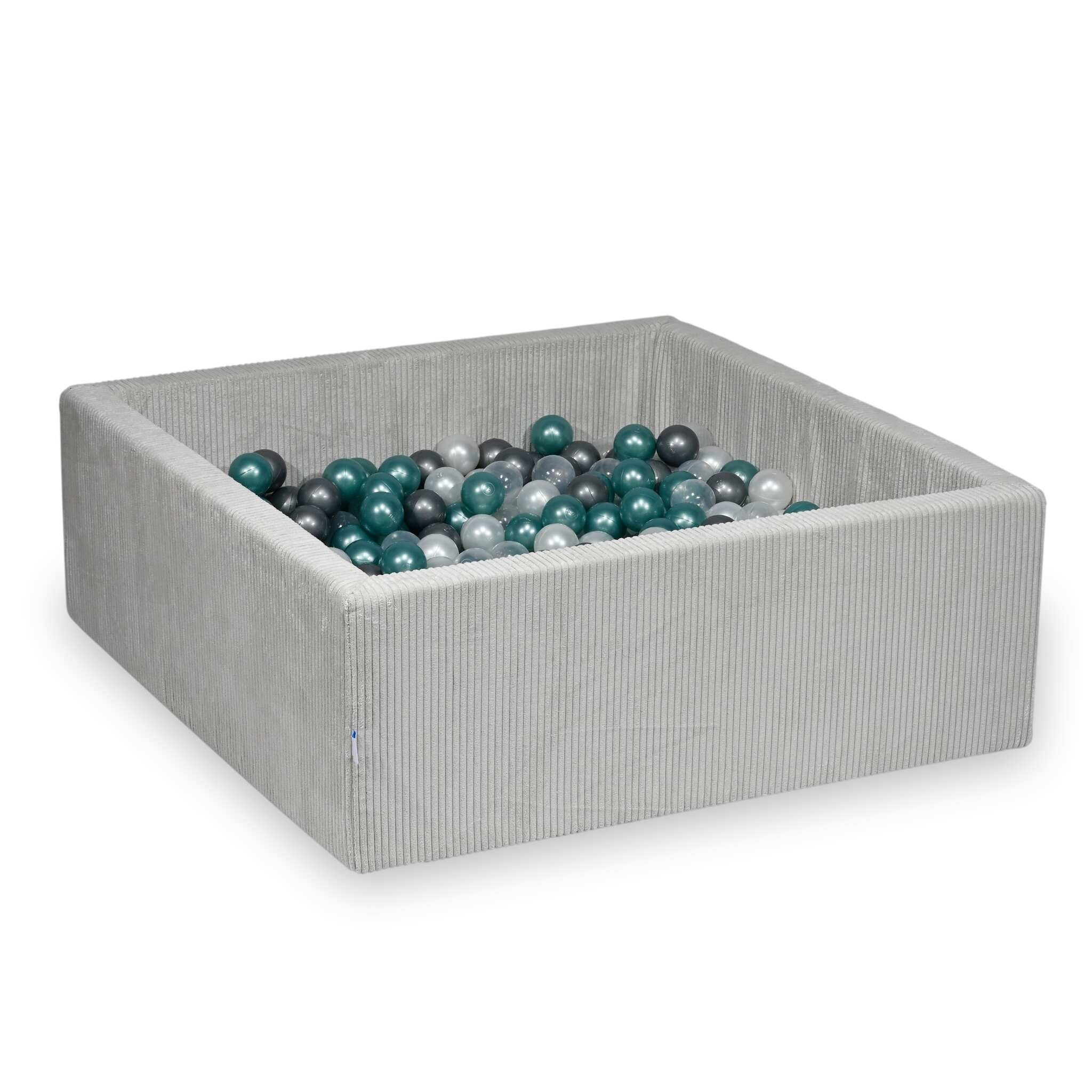 Piscine à balles square en velours côtelé gris, 110x110x40cm – 600 balls (transparent, nacré, argenté, turquoise métallisé)