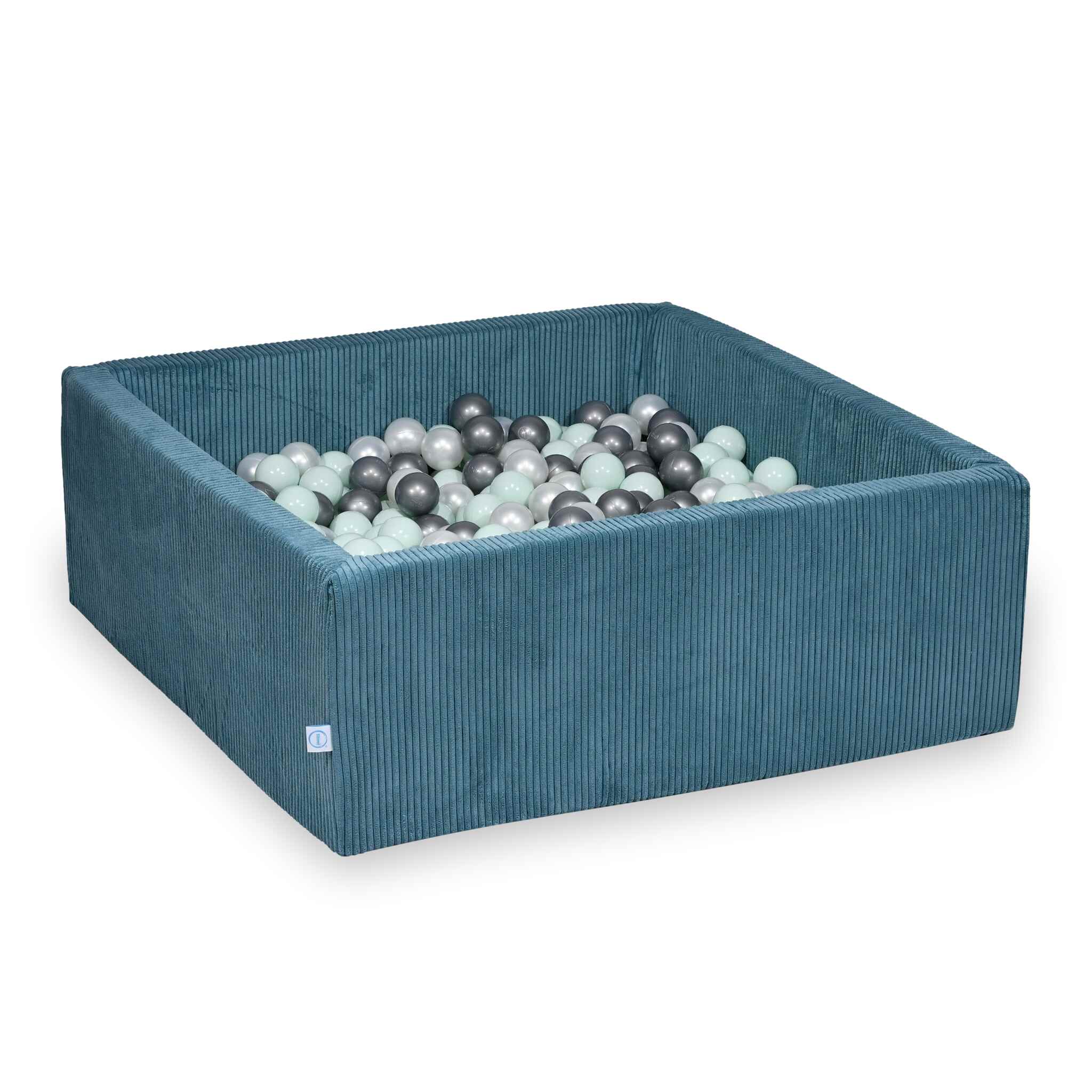 Piscine à balles square en velours côtelé bleu, 110x110x40cm – 600 balls (nacré, argenté, menthe claire)