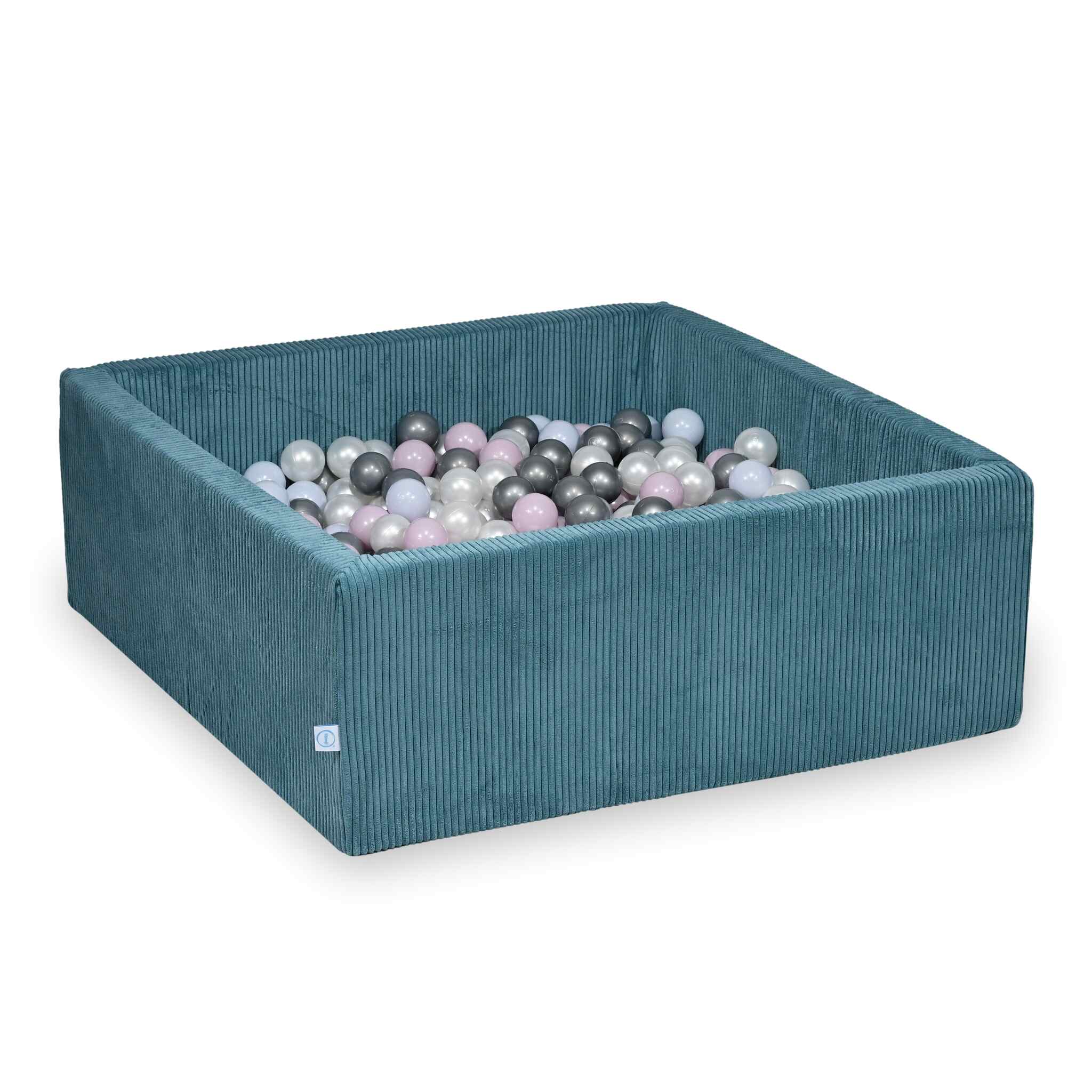 Piscine à balles square en velours côtelé bleu, 110x110x40cm – 600 balls (nacré, argenté, rose clair nacré, bleu ciel nacré)