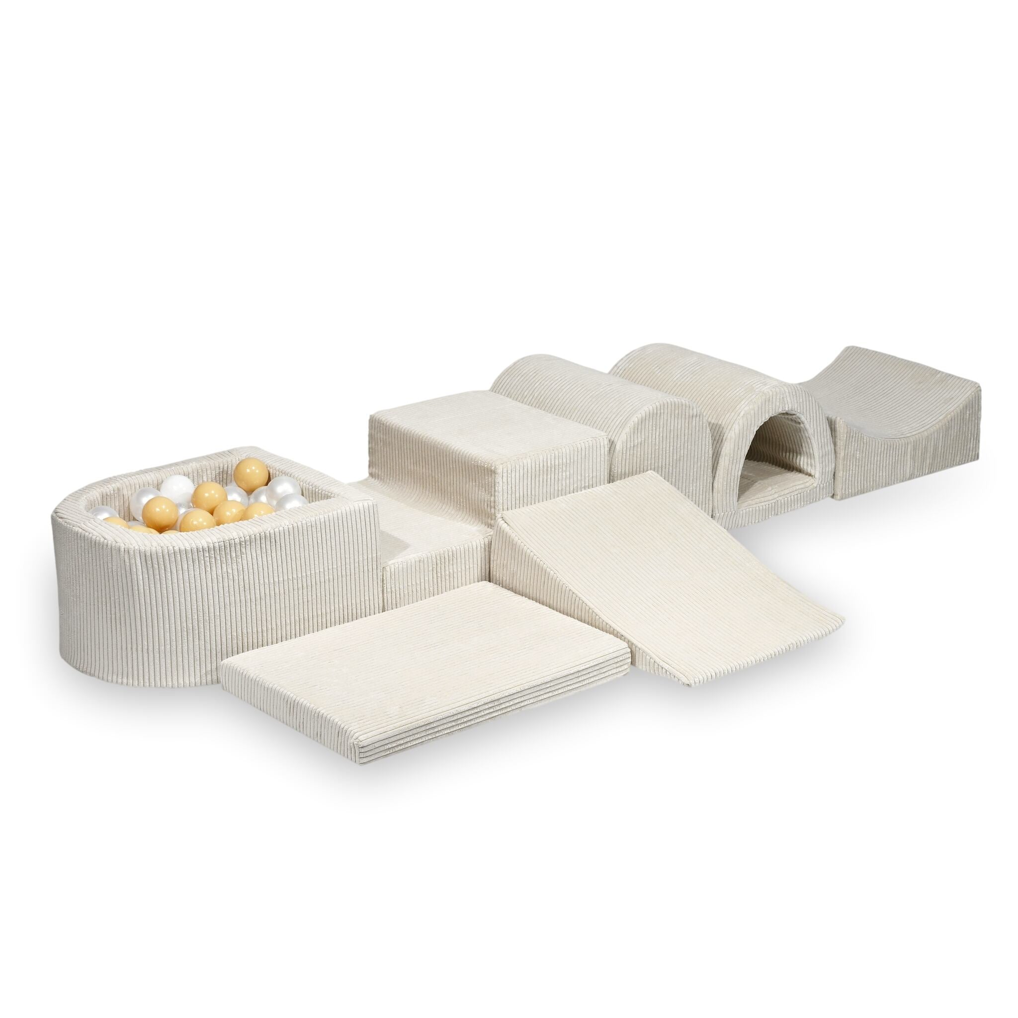 Plus grande aire de jeux en mousse avec piscine micro côtelé beige + 100 balles