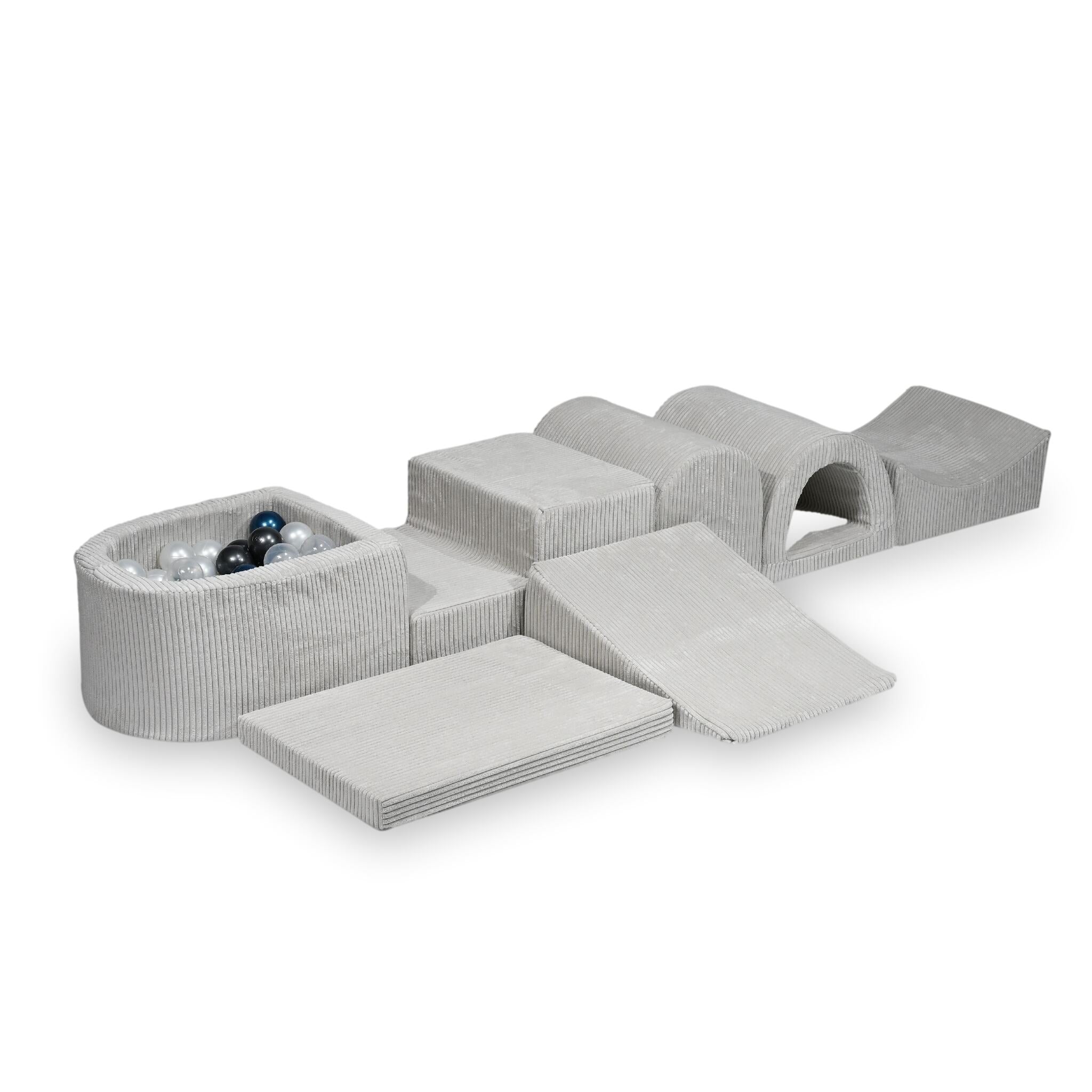 Plus grande aire de jeux en mousse avec piscine micro côtelé gris + 100 balles