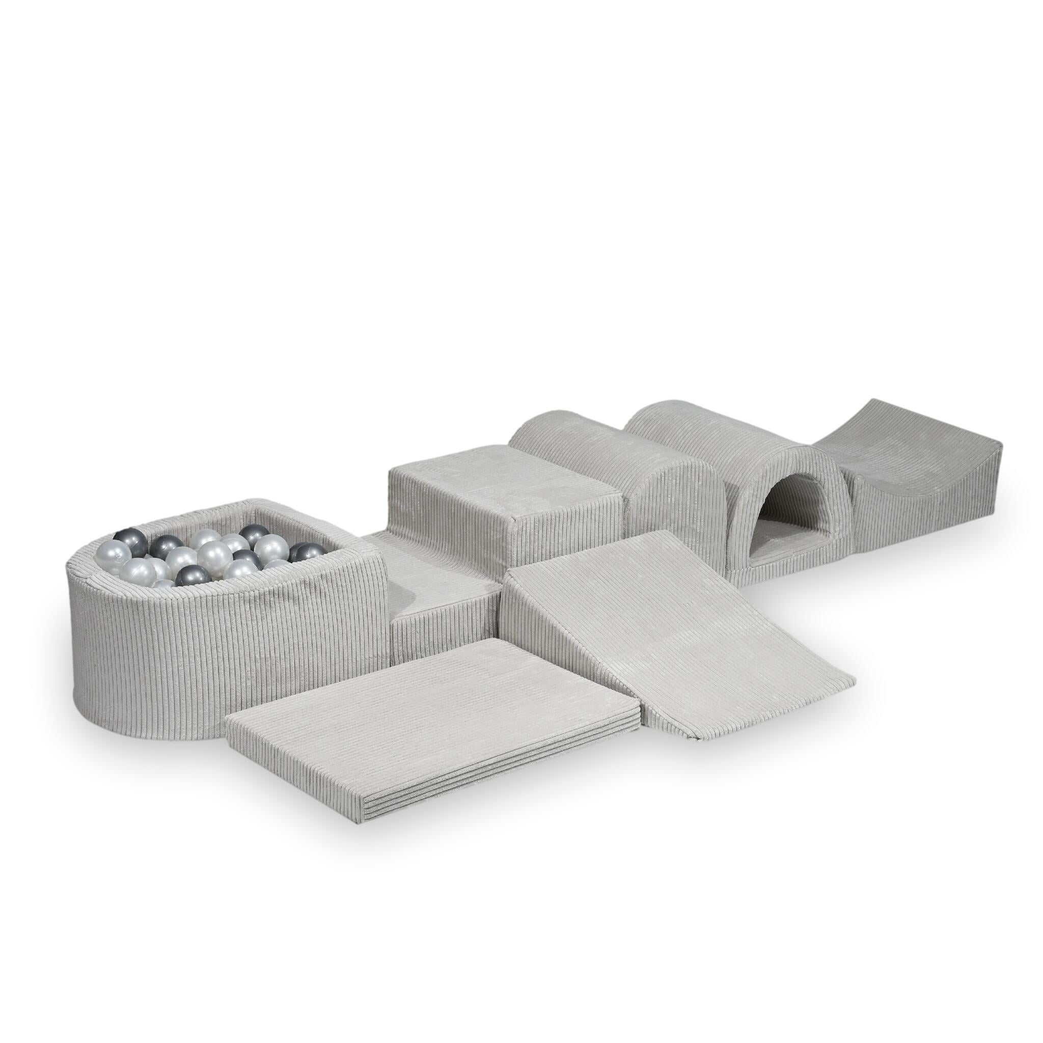 Plus grande aire de jeux en mousse avec piscine micro côtelé gris + 100 balles