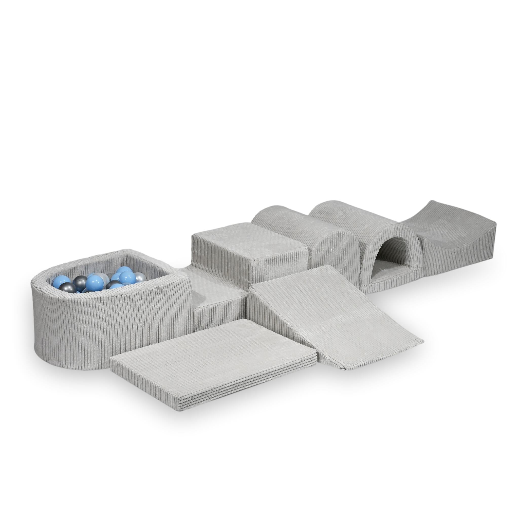 Plus grande aire de jeux en mousse avec piscine micro côtelé gris + 100 balles