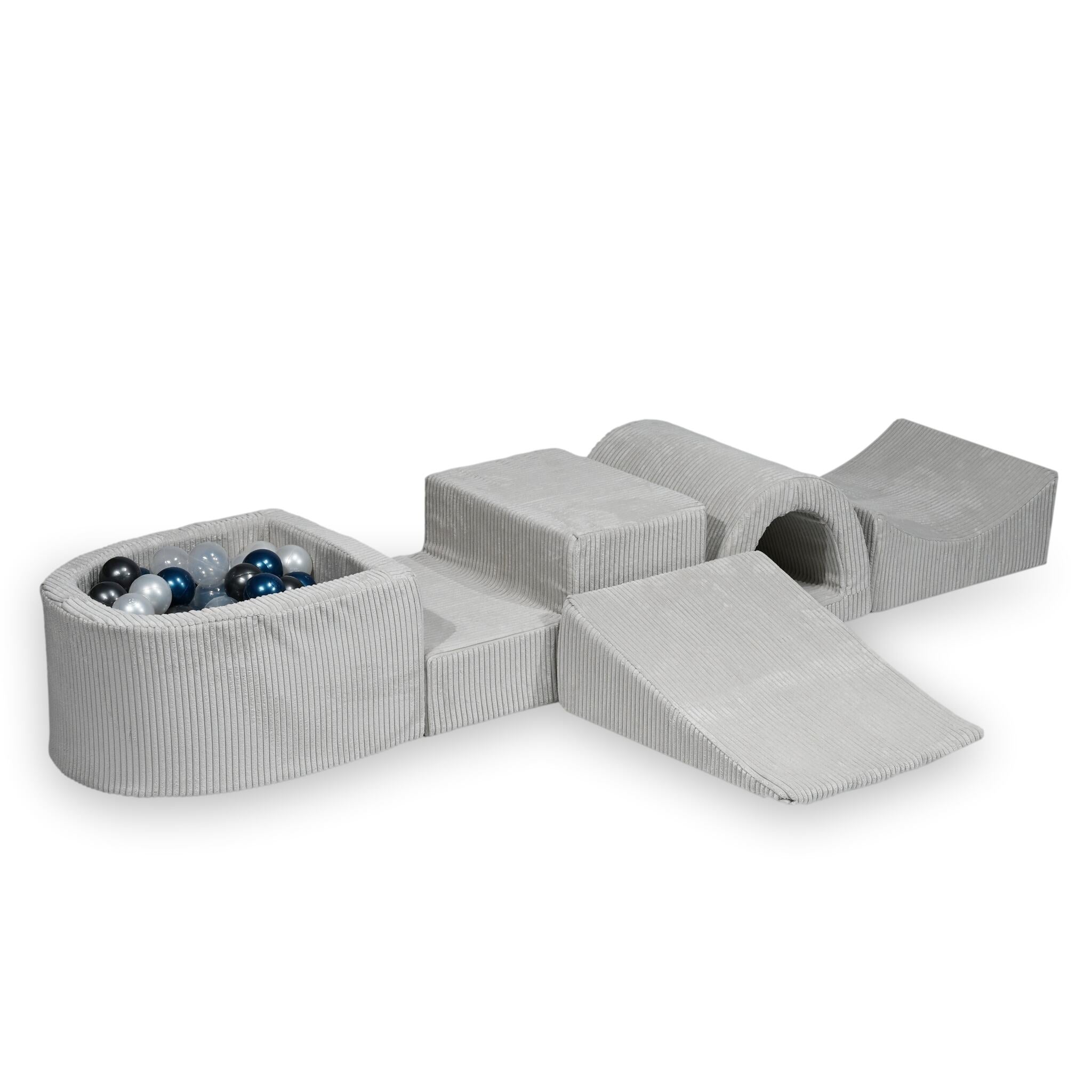 Aire de jeux en mousse avec colline et piscine micro côtelé gris + 100 balles