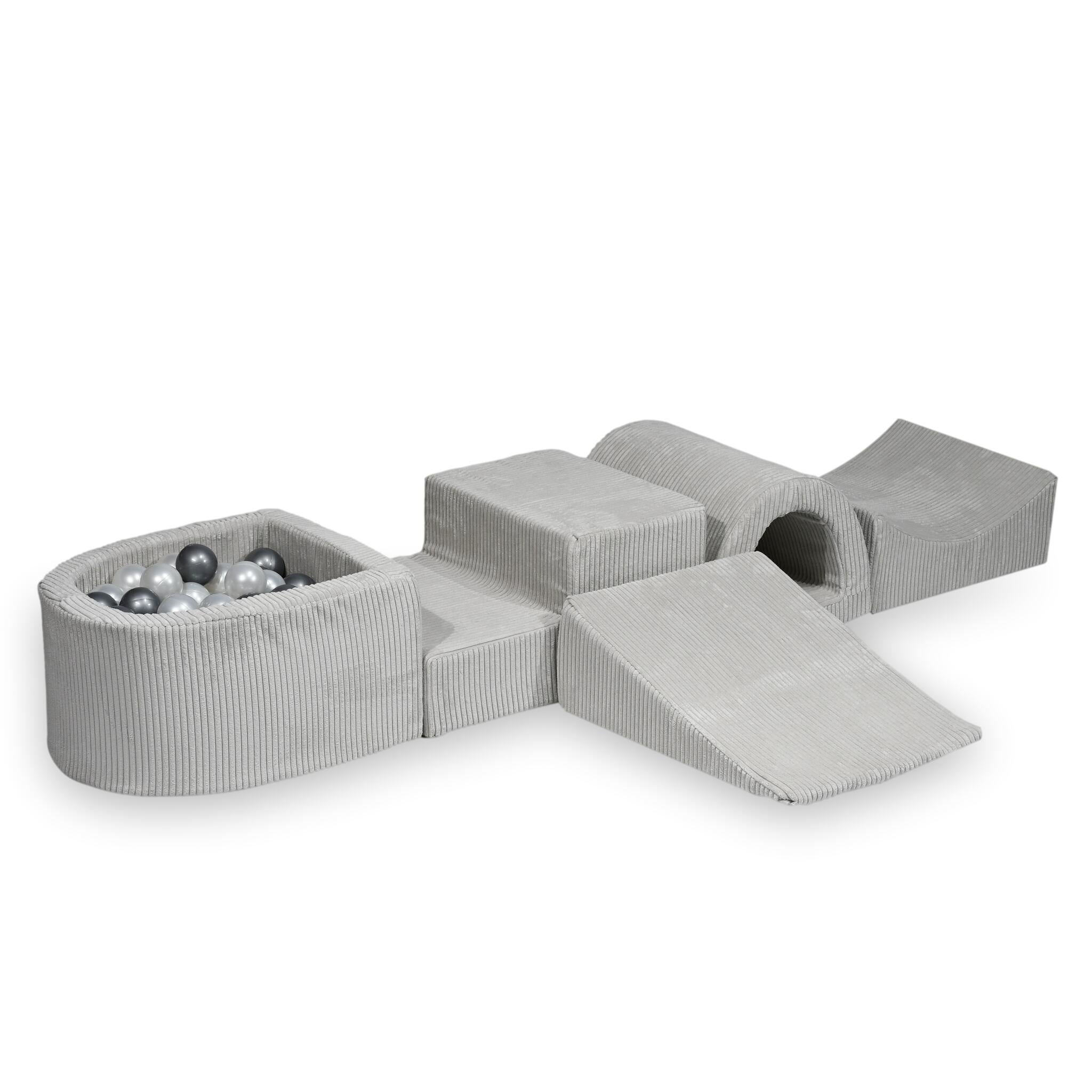 Aire de jeux en mousse avec pont et piscine micro côtelé gris + 100 balles