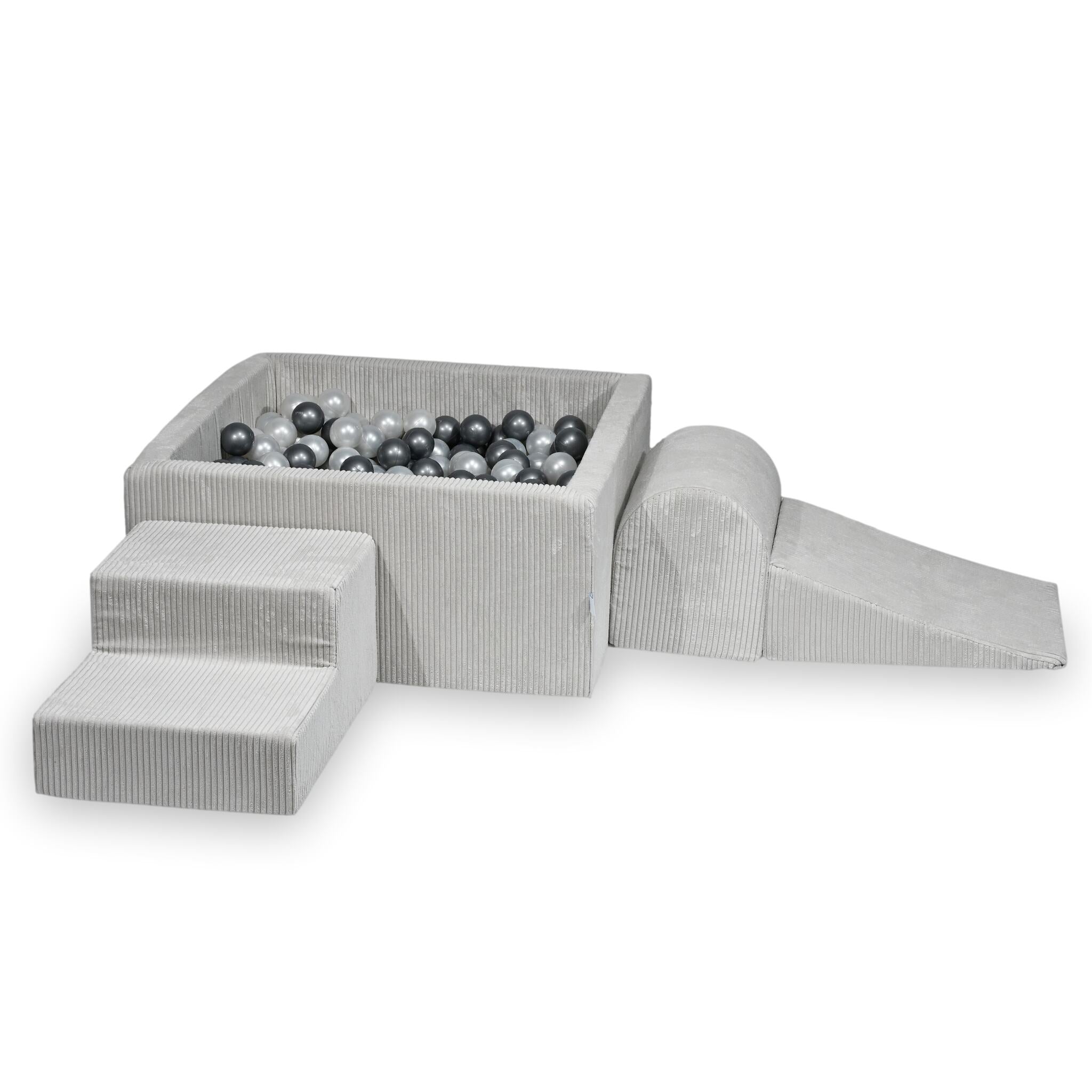 Aire de jeux en mousse avec piscine à balles carrée set de jeu enfant 90x90x40 côtelé gris + 400 balles