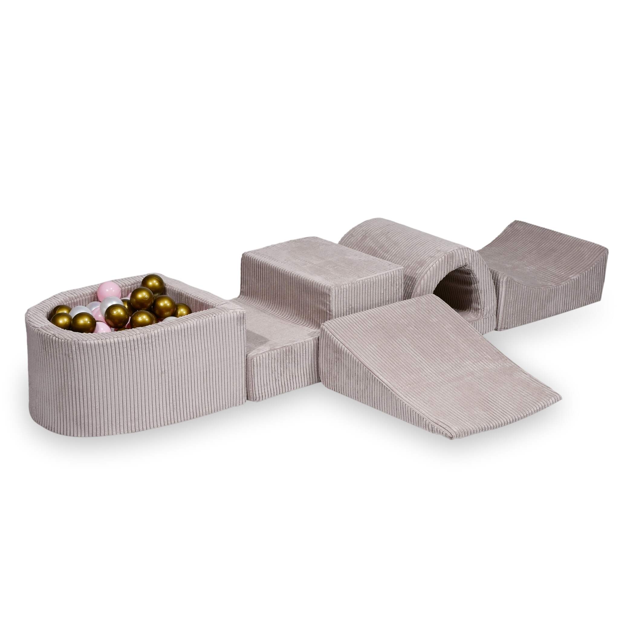 Aire de jeux en mousse avec pont et piscine micro côtelé rose clair + 100 balles