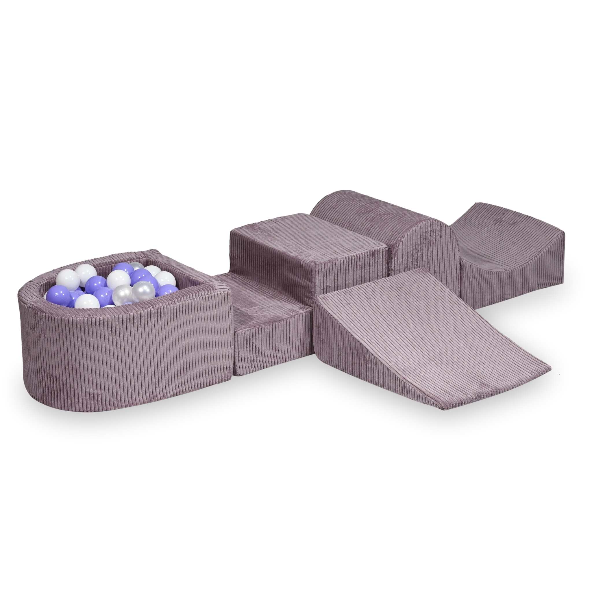 Aire de jeux en mousse avec colline et piscine micro côtelé lavende + 100 balles