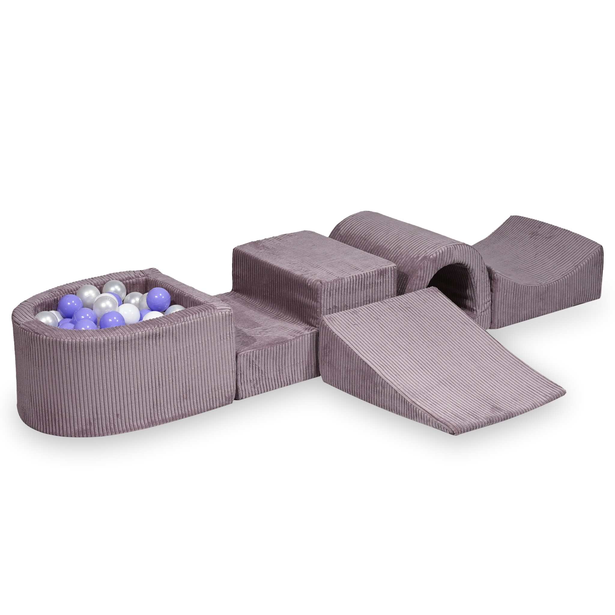 Aire de jeux en mousse avec pont et piscine micro côtelé lavende + 100 balles