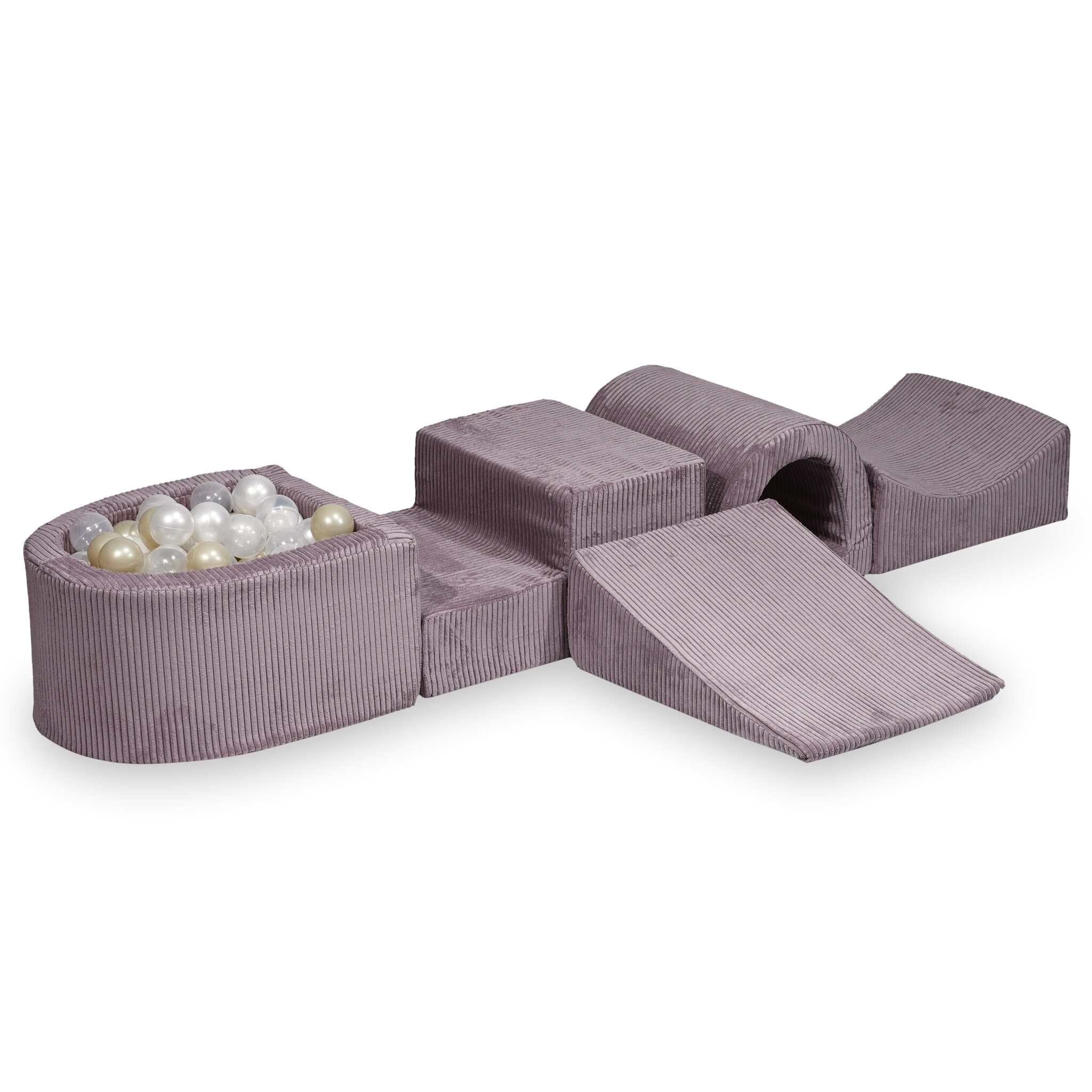 Aire de jeux en mousse avec pont et piscine micro côtelé lavende + 100 balles