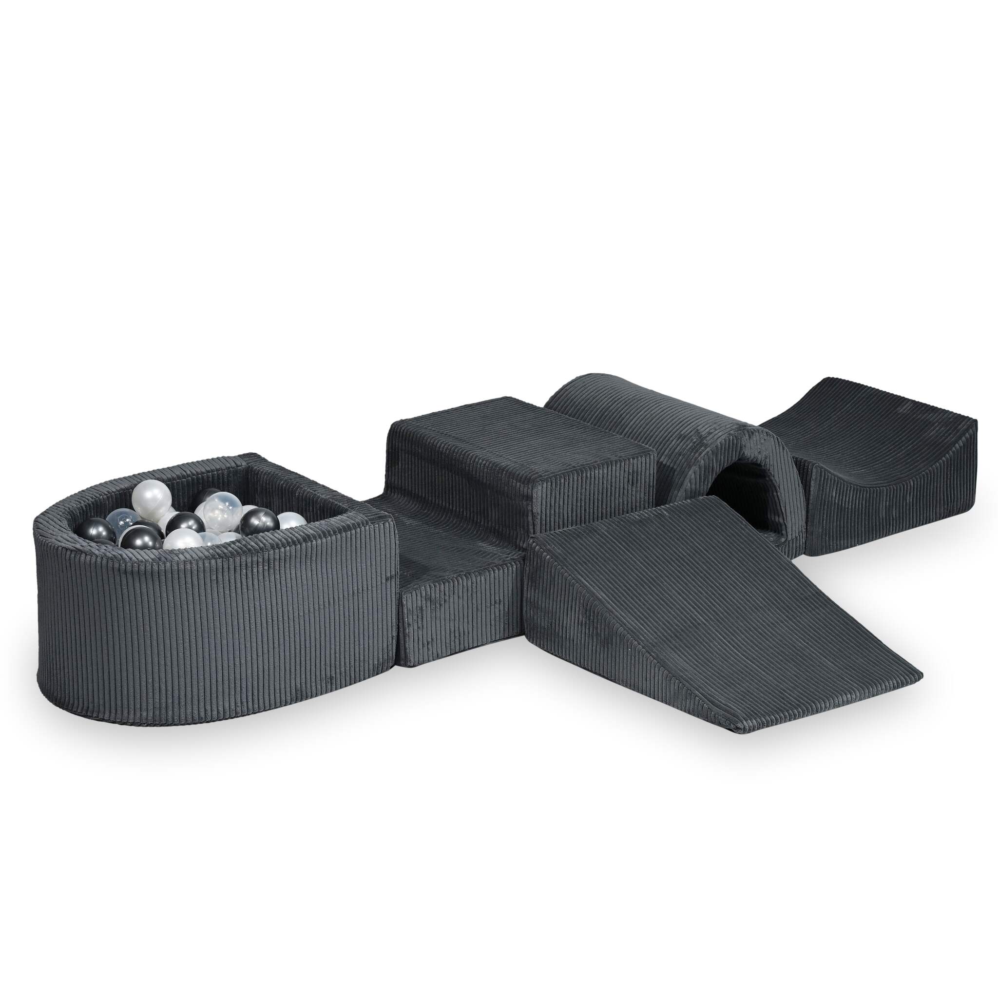 Aire de jeux en mousse avec pont et piscine micro côtelé graphite + 100 balles