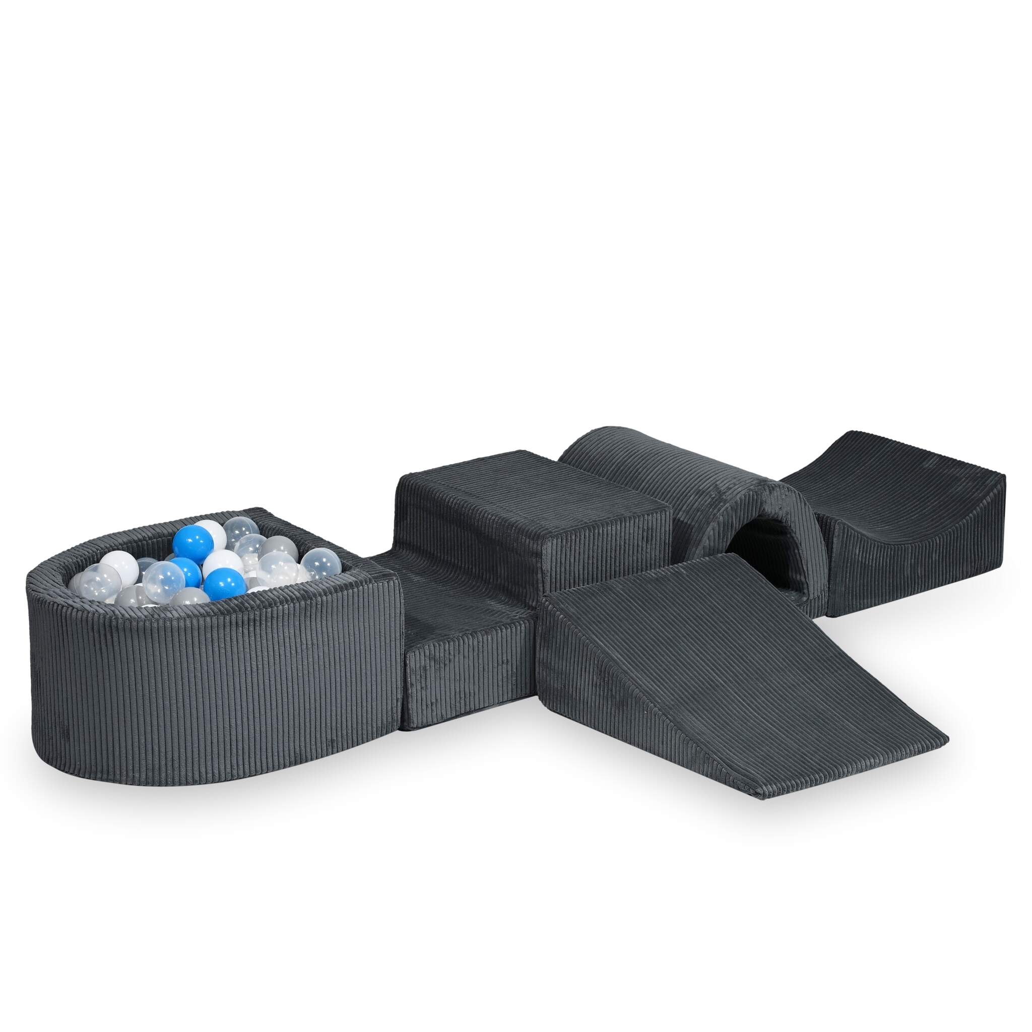 Aire de jeux en mousse avec pont et piscine micro côtelé graphite + 100 balles