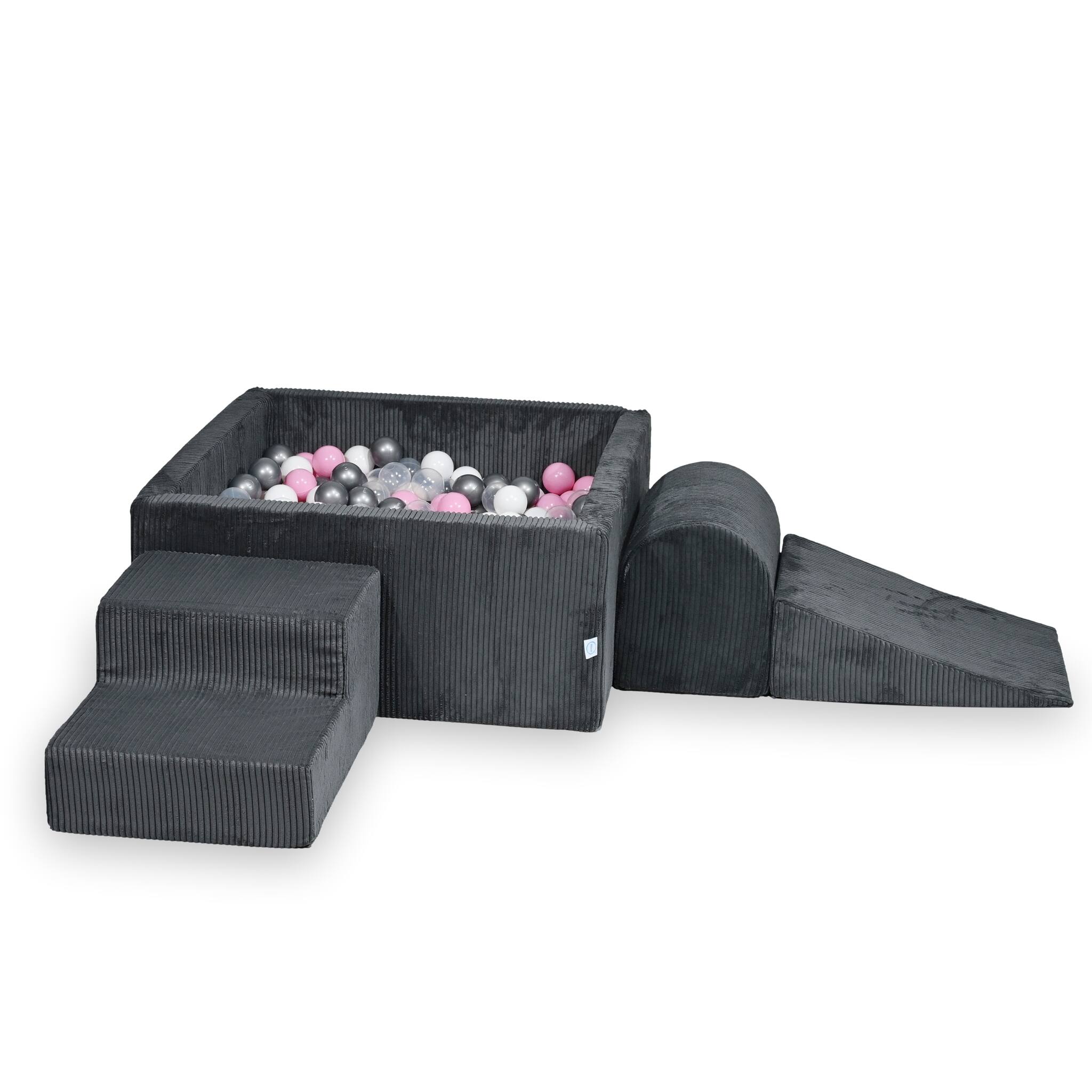 Aire de jeux en mousse avec piscine à balles carrée set de jeu enfant 90x90x40 côtelé graphite + 400 balles