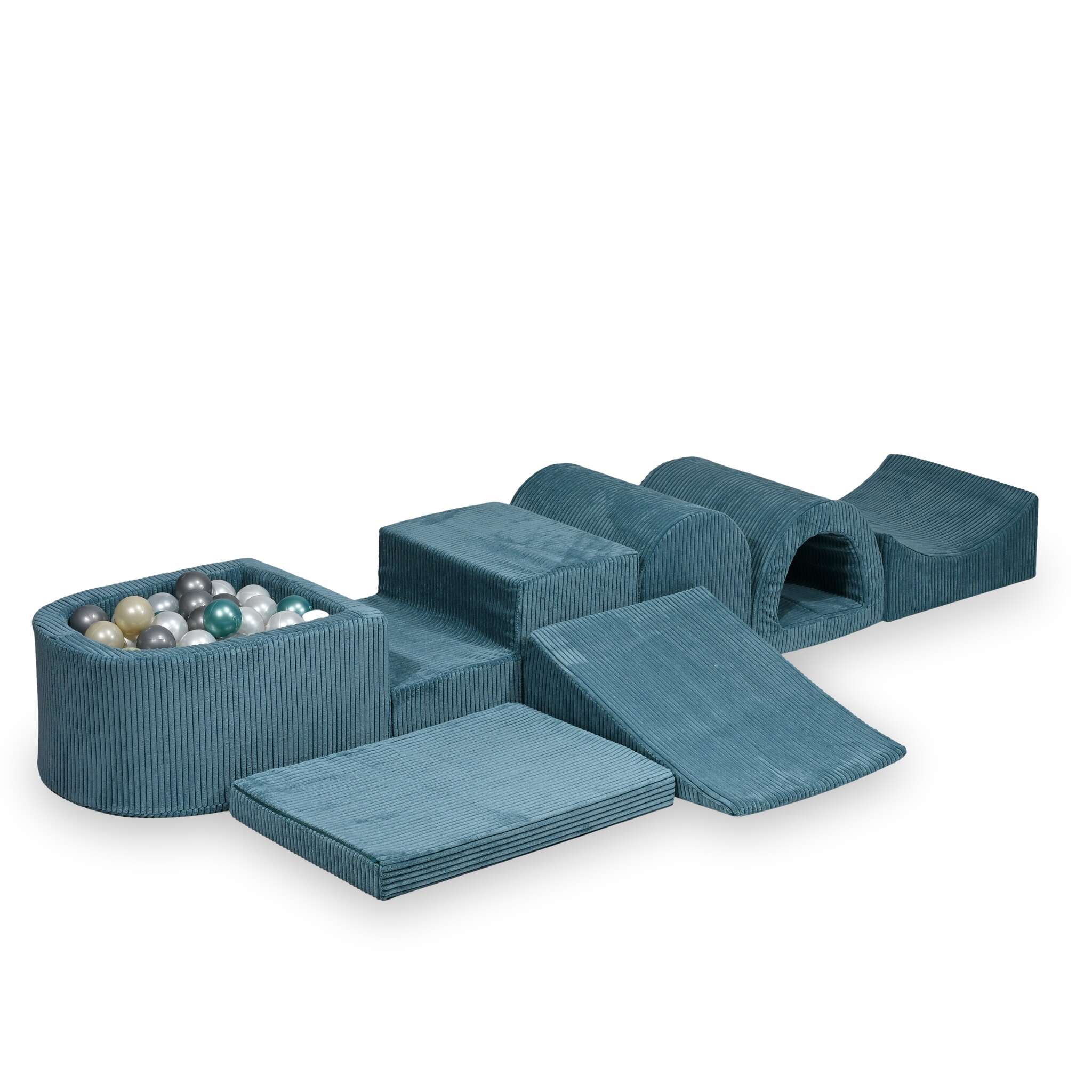 Plus grande aire de jeux en mousse avec piscine micro côtelé bleu + 100 balles