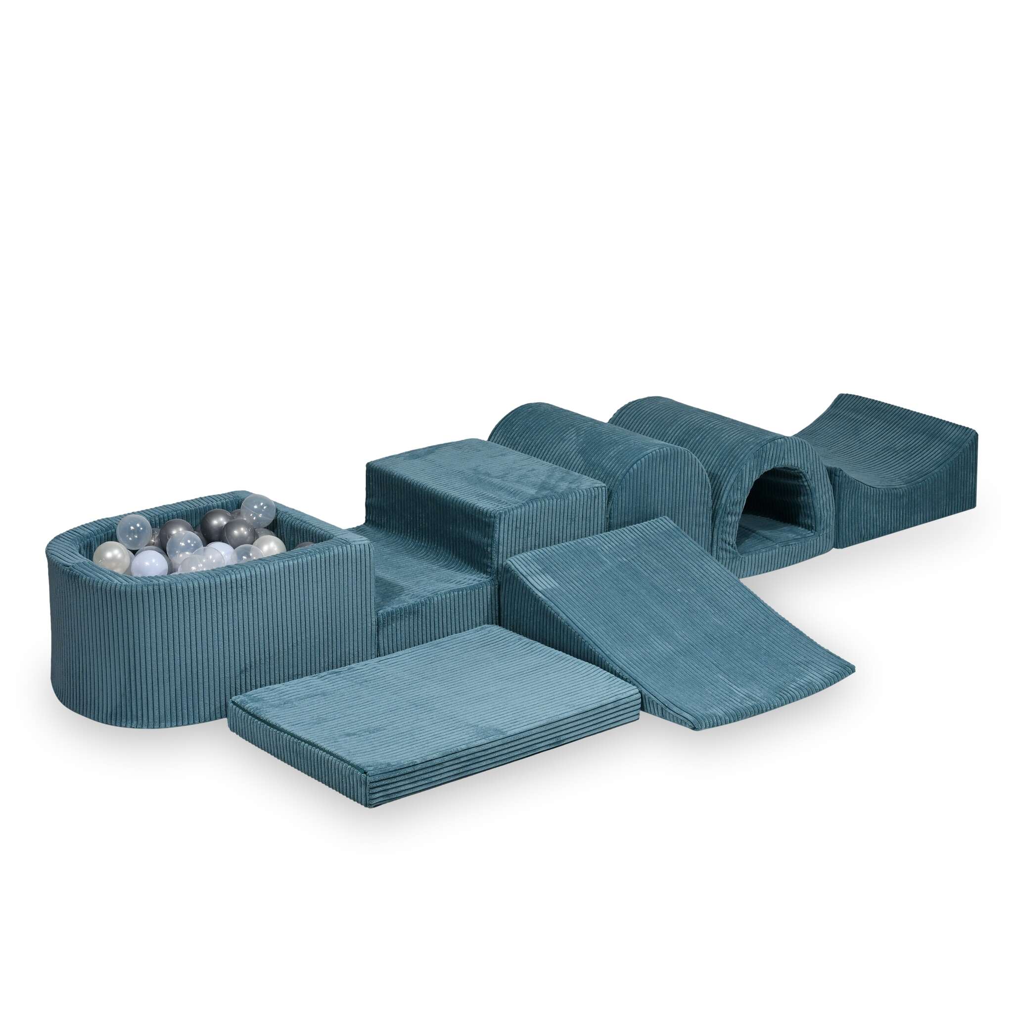 Plus grande aire de jeux en mousse avec piscine micro côtelé bleu + 100 balles
