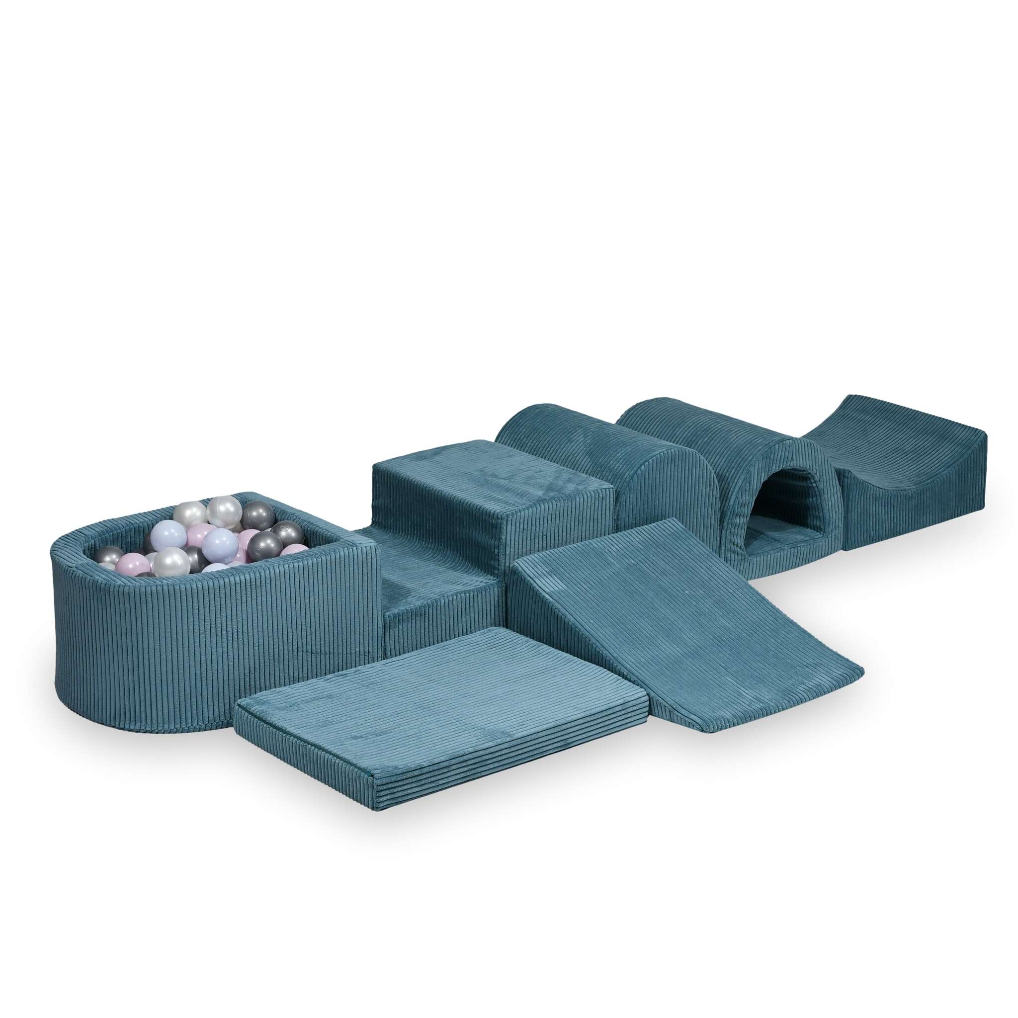 Plus grande aire de jeux en mousse avec piscine micro côtelé bleu + 100 balles
