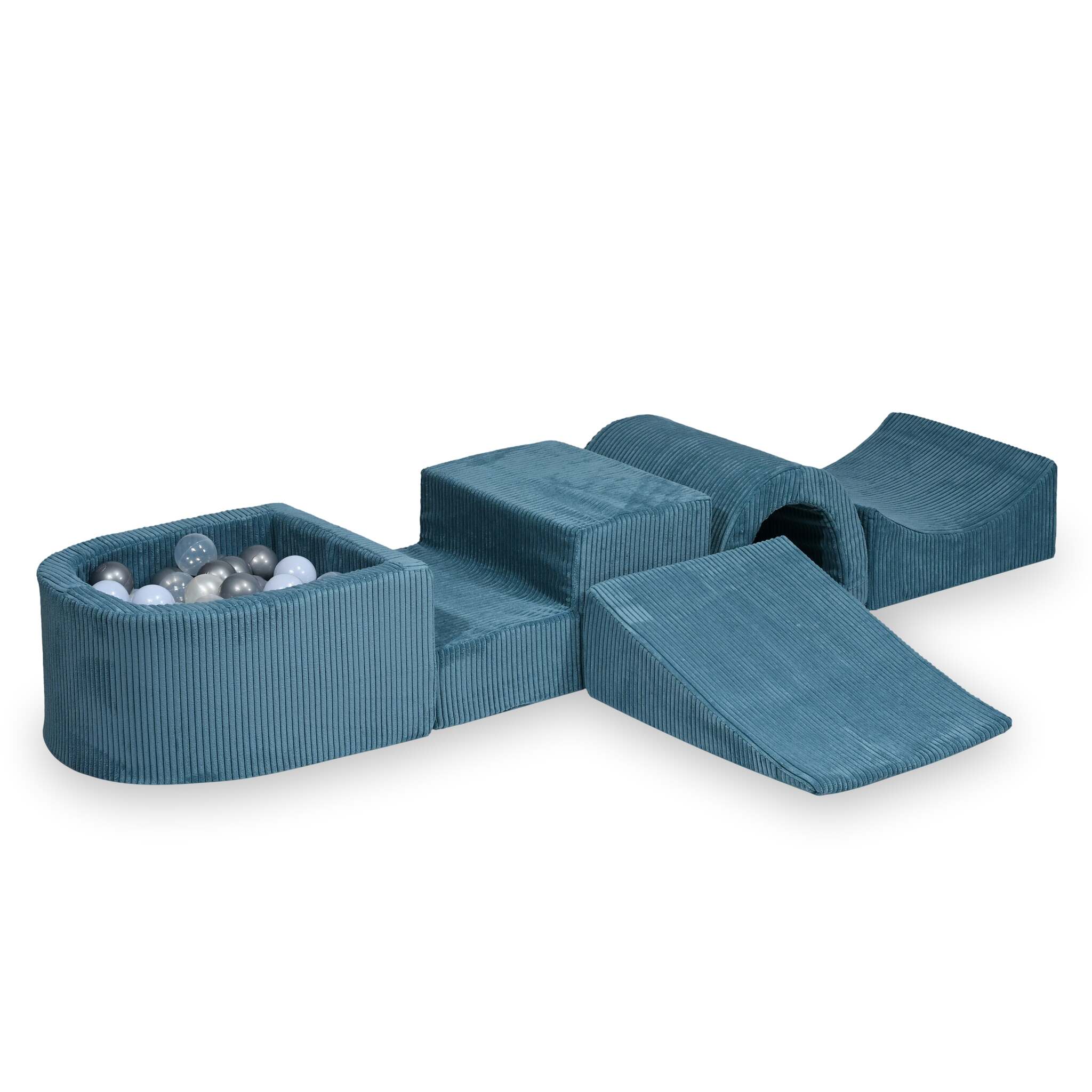 Aire de jeux en mousse avec pont et piscine micro côtelé bleu + 100 balles