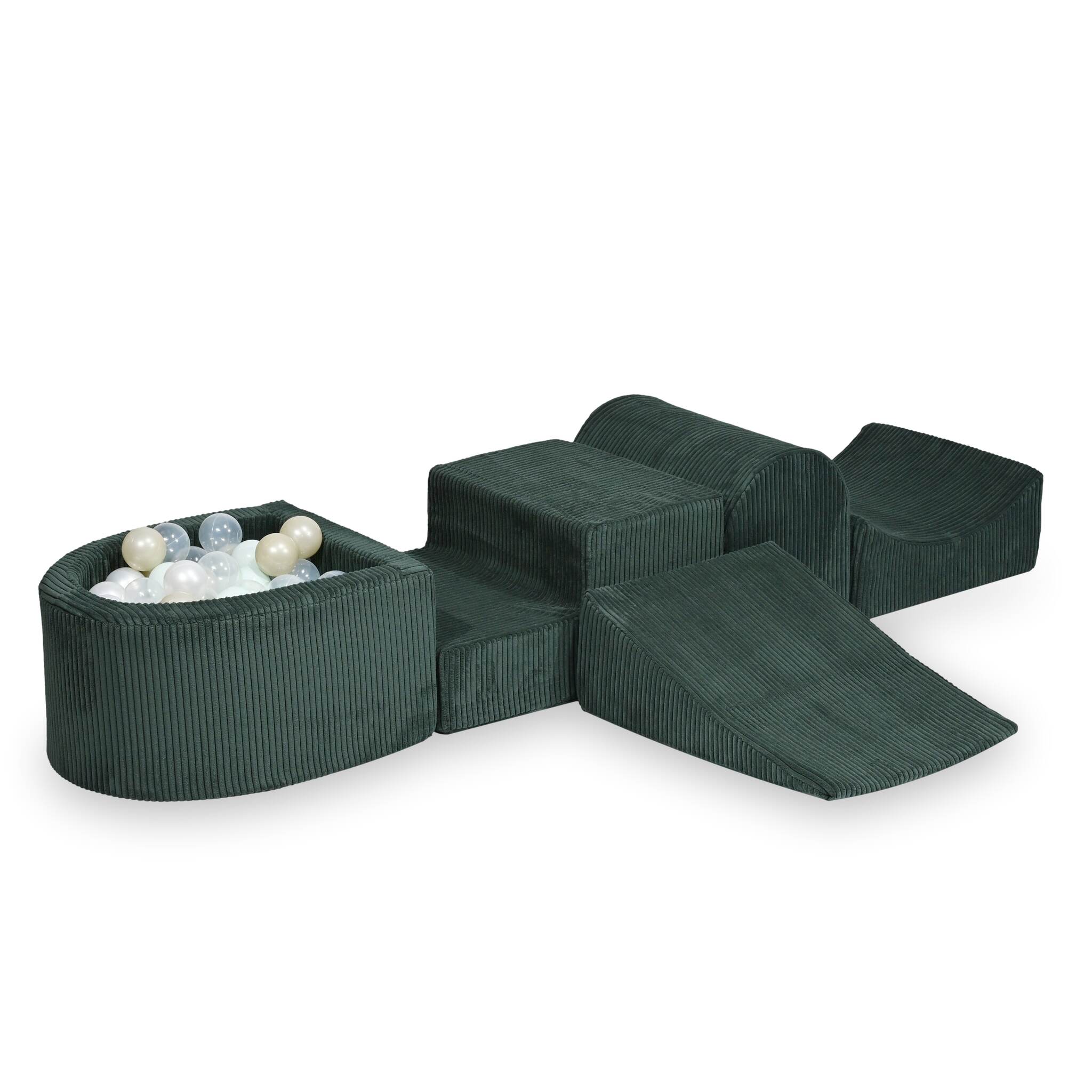 Aire de jeux en mousse avec colline et piscine micro côtelé vert + 100 balles