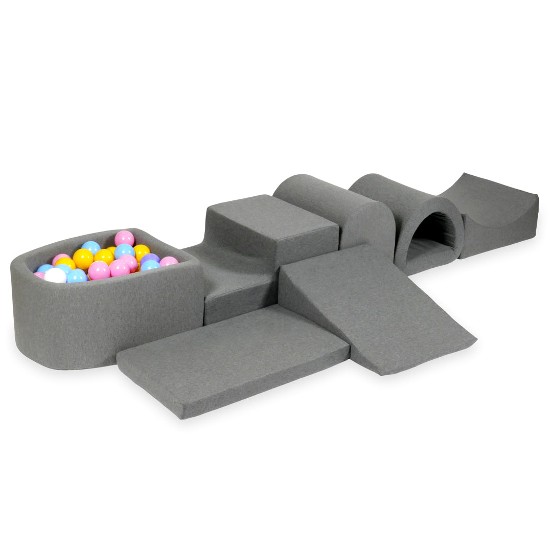 Aire de jeux en mousse avec colline et piscine micro gris + 100 balles (bleu clair, jaune, bruyère, rose poudre, blanc)