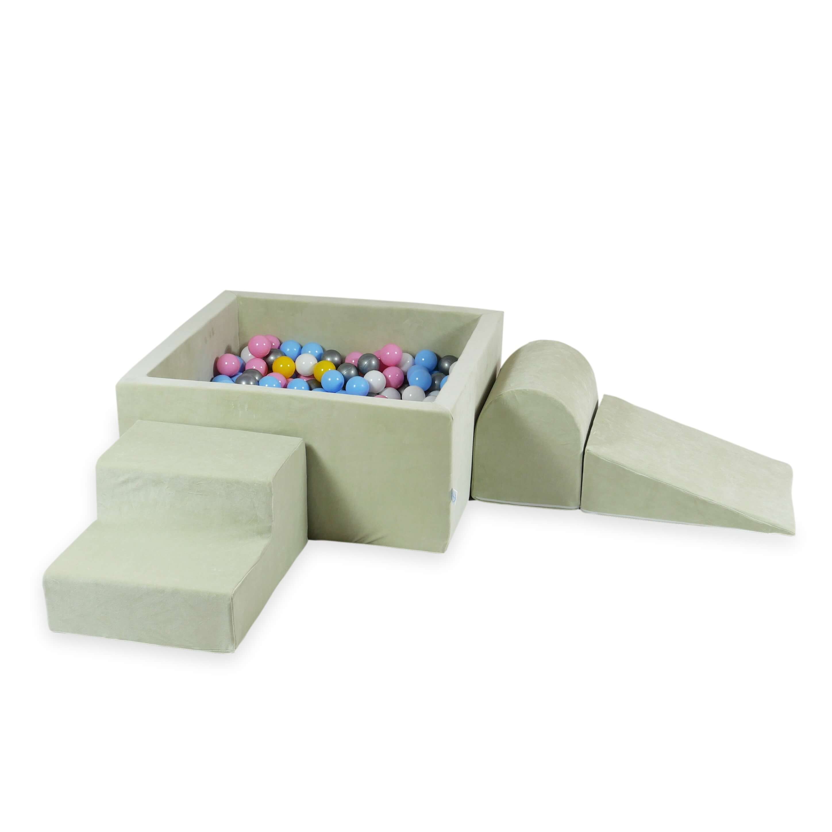 Aire de jeux en mousse avec piscine à balles carrée set de jeu enfant 90x90x40 velvet soft pistachio + 400 balles