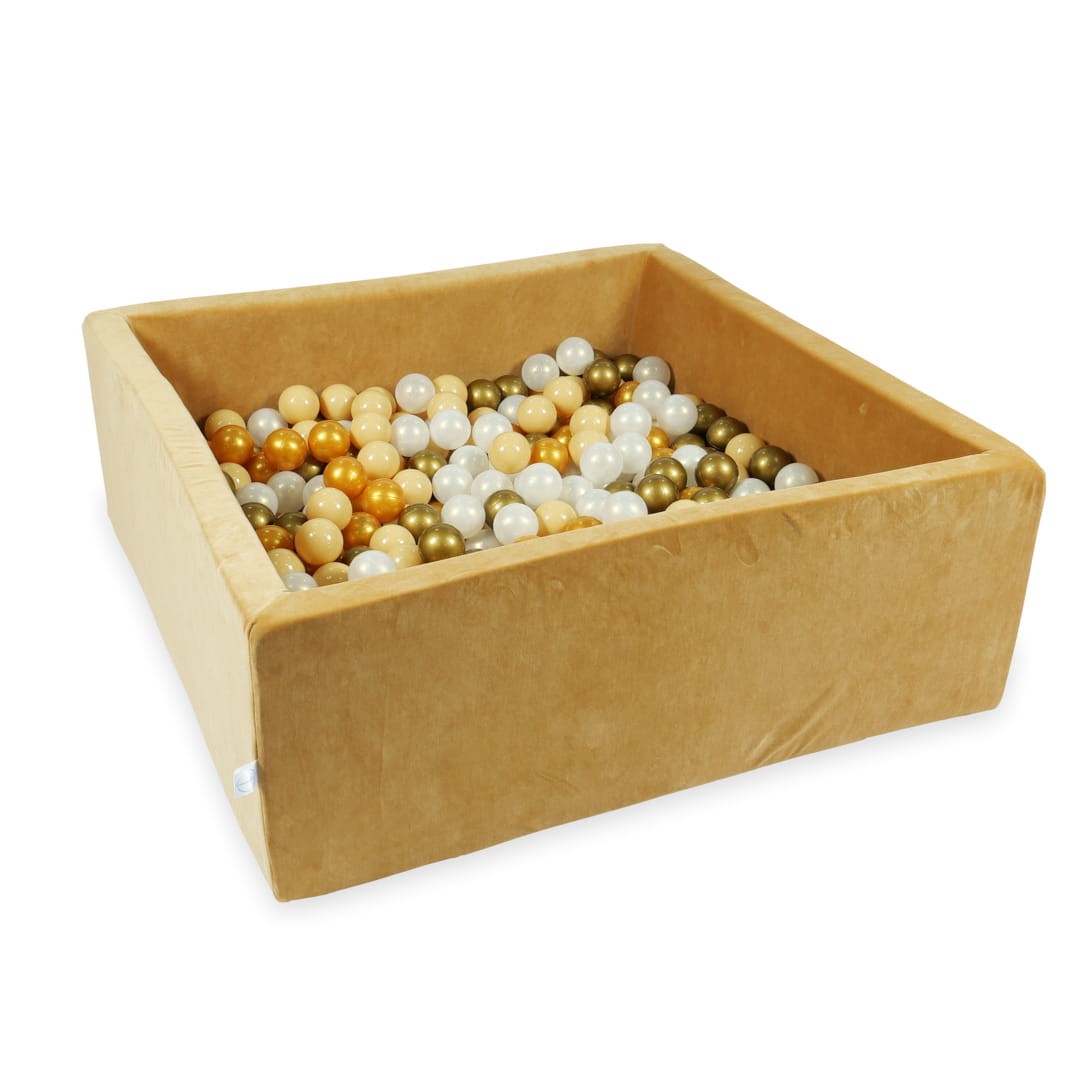 Mimii-Piscine-à Balles-110x110x40-Velvet-Soft-Carmel-avec-boules-600-pcs-beige-vieil-or-or-iridescent