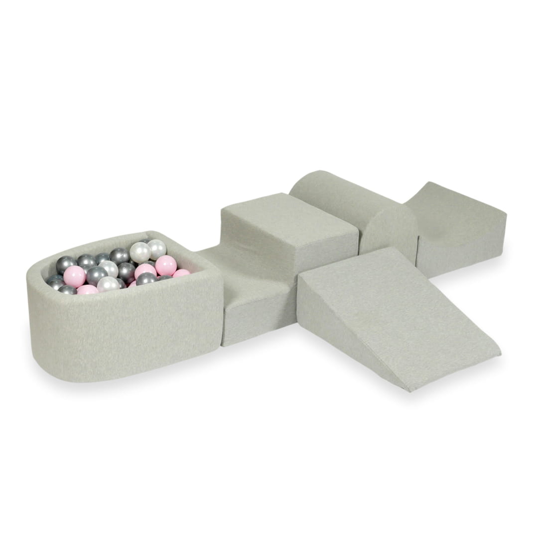 Aire de jeux en mousse avec colline et piscine micro gris clair + 100 balles (perle, argent, rose clair)