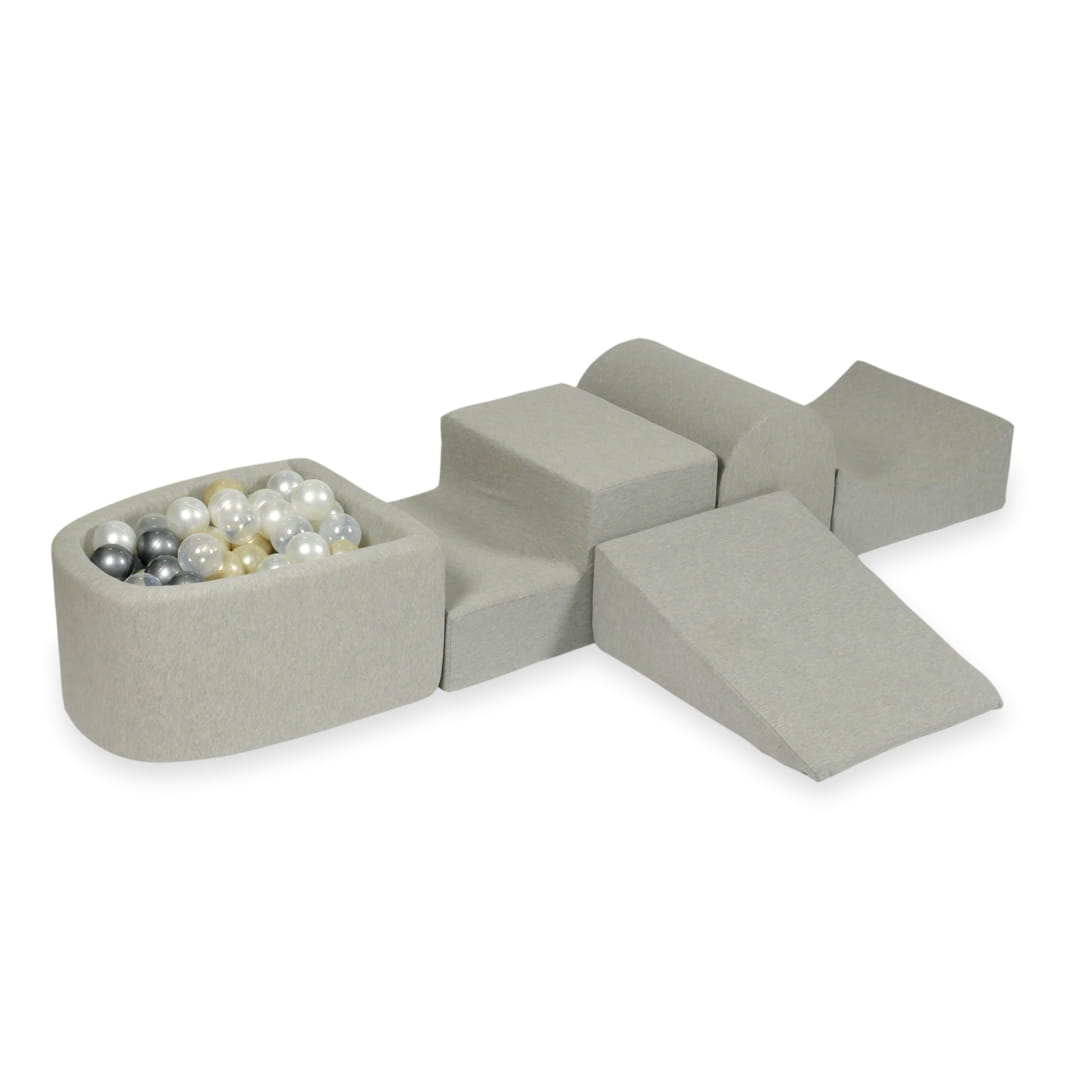 Aire de jeux en mousse avec colline et piscine micro gris clair + 100 balles (or clair, perle, argent, transparent)