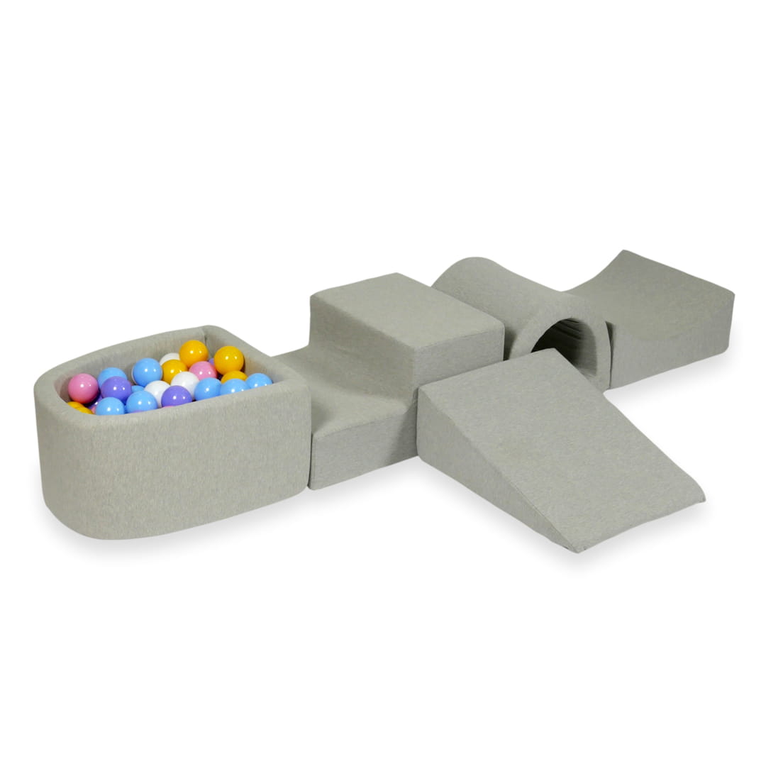 Aire de jeux en mousse avec pont et piscine micro gris clair + 100 balles (bleu clair, jaune, bruyère, rose poudre, blanc)