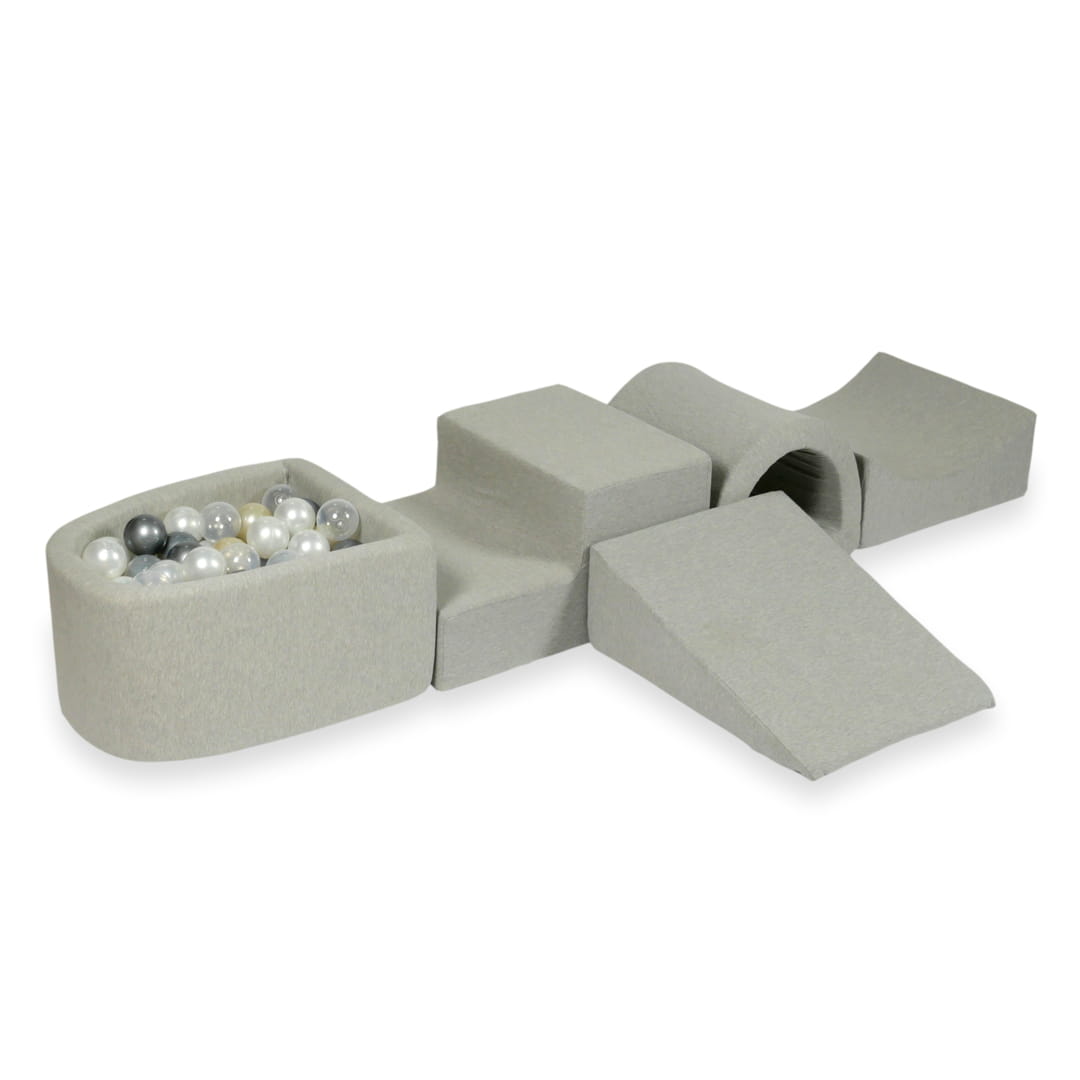 Aire de jeux en mousse avec pont et piscine micro gris clair + 100 balles (or clair, perle, argent, transparent)