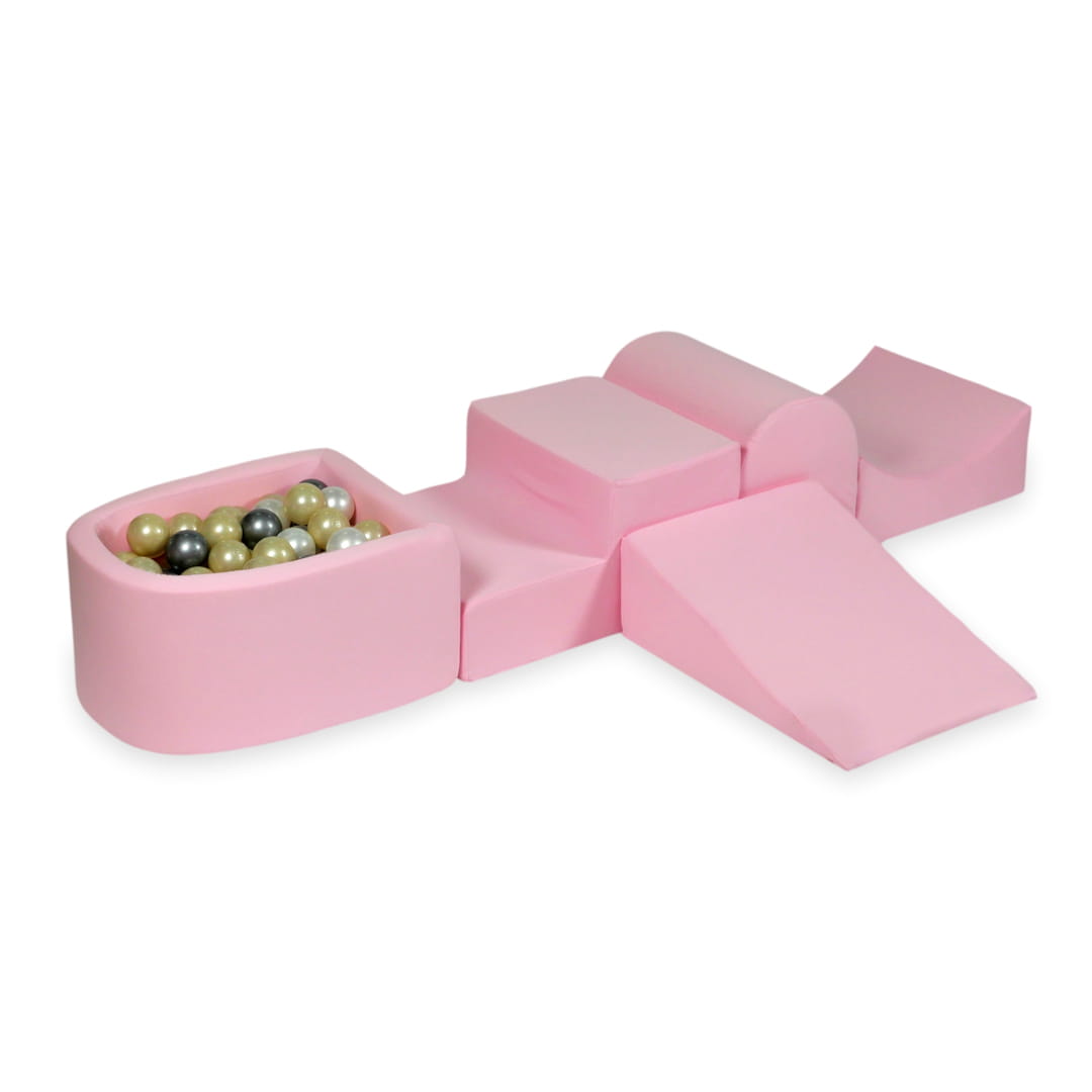 Aire de jeux en mousse avec colline et piscine micro rose poudré + 100 balles (or clair, perle, argent, transparent)