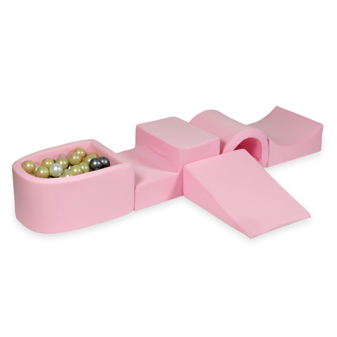 Aire de jeux en mousse avec pont et piscine micro rose poudré + 100 balles (or clair, perle, argent, transparent)