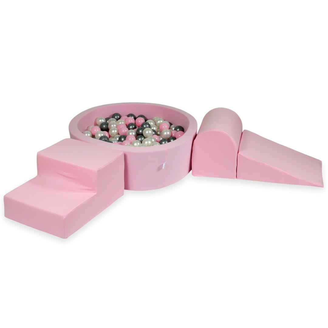 Aire de jeux en mousse avec piscine ronde 90x30 rose poudré + 200 balles (perle, argent, rose clair)