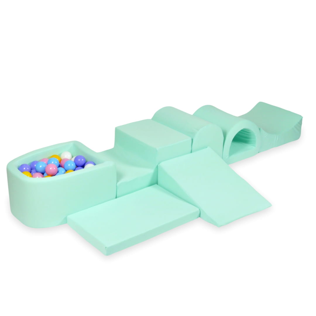 Plus grande aire de jeux en mousse avec piscine micro menthe + 100 balles (bleu clair, jaune, bruyère, rose poudre, blanc)