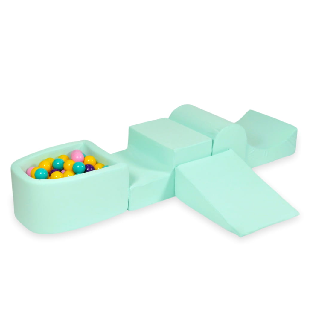 Aire de jeux en mousse avec colline et piscine micro menthe + 100 balles (violet, rose poudré, turquoise, jaune)