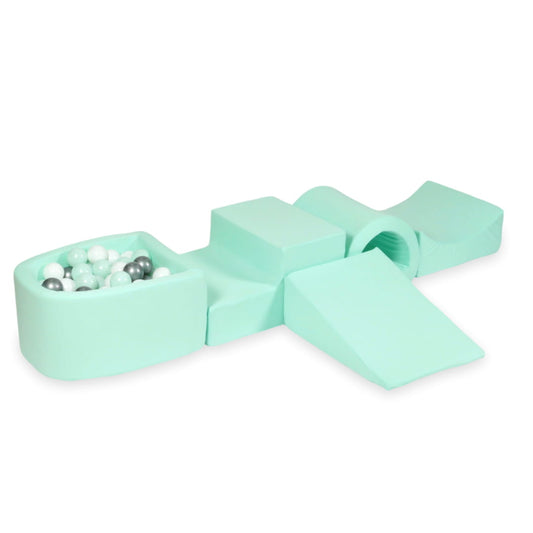 Aire de jeux en mousse avec pont et piscine micro menthe + 100 balles (menthe claire, blanc, argent)