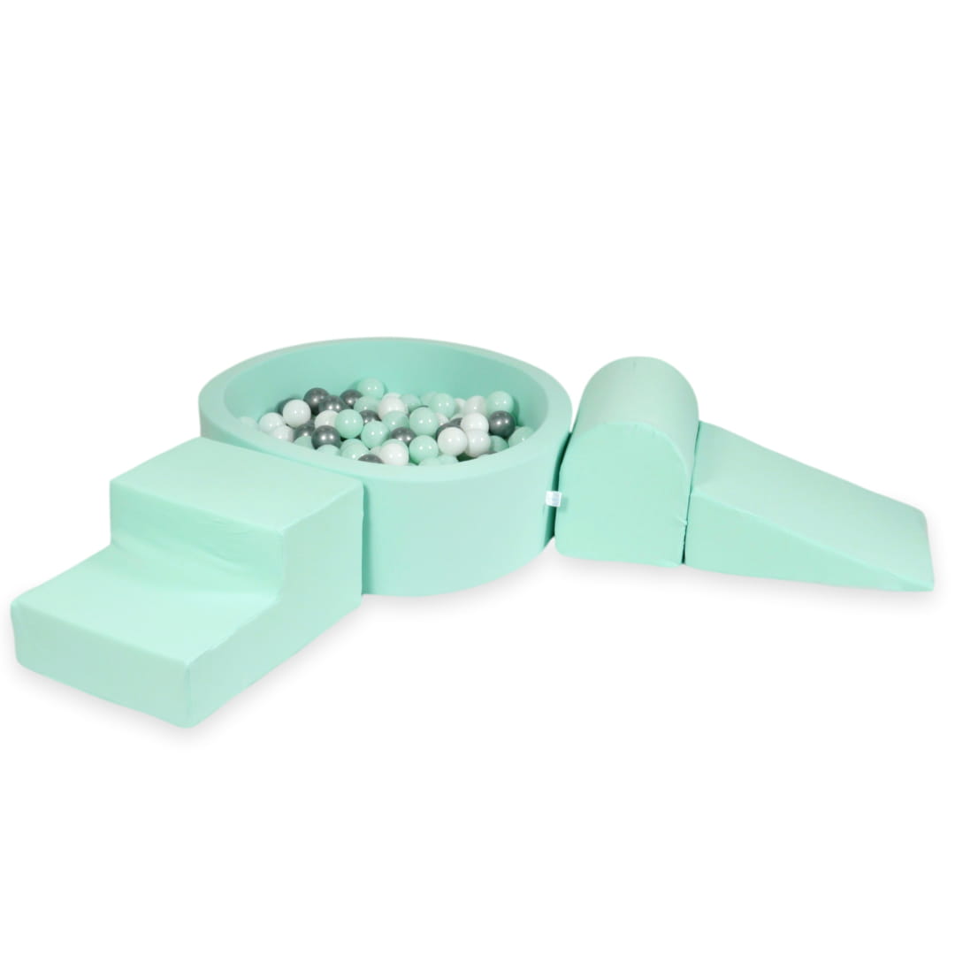 Aire de jeux en mousse avec piscine ronde 90x30 menthe + 200 balles (menthe claire, blanc, argent)