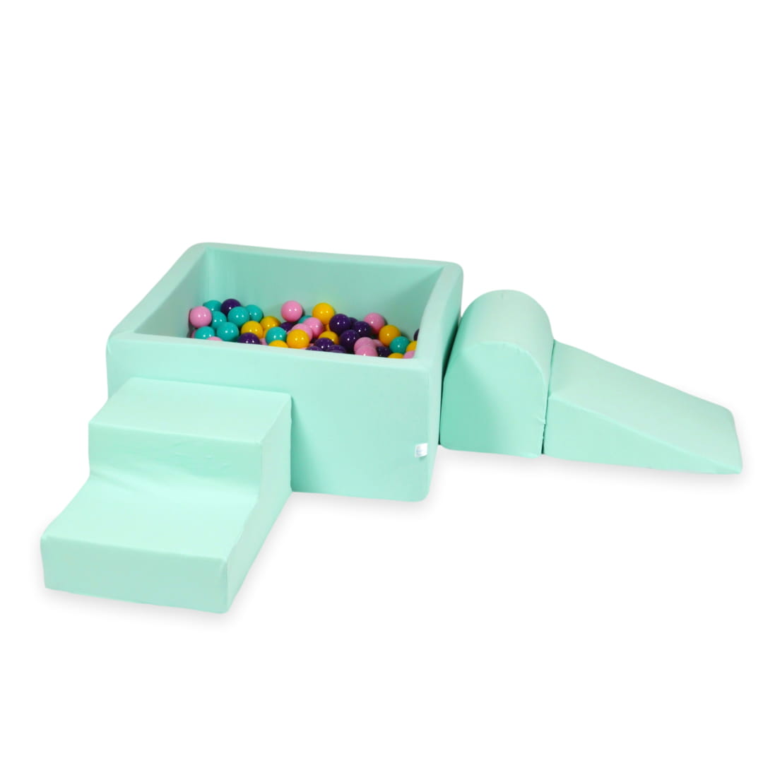 Aire de jeux en mousse avec piscine carrée 90x90x40 menthe + 400 balles (violet, rose poudré, turquoise, jaune)