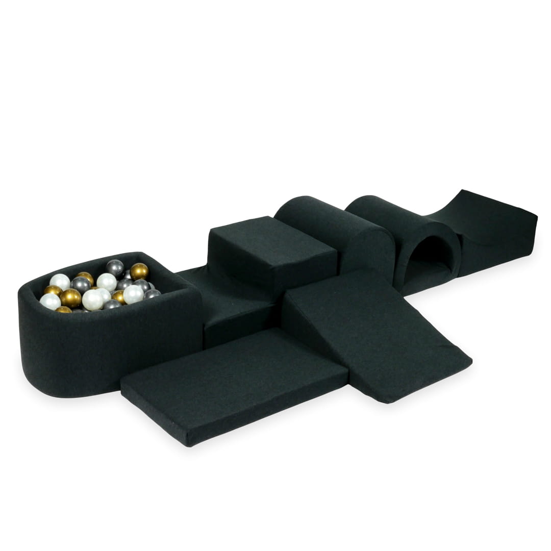 Plus grande aire de jeux en mousse avec piscine micro graphite + 100 balles (vieil or, graphite métallique, perle)