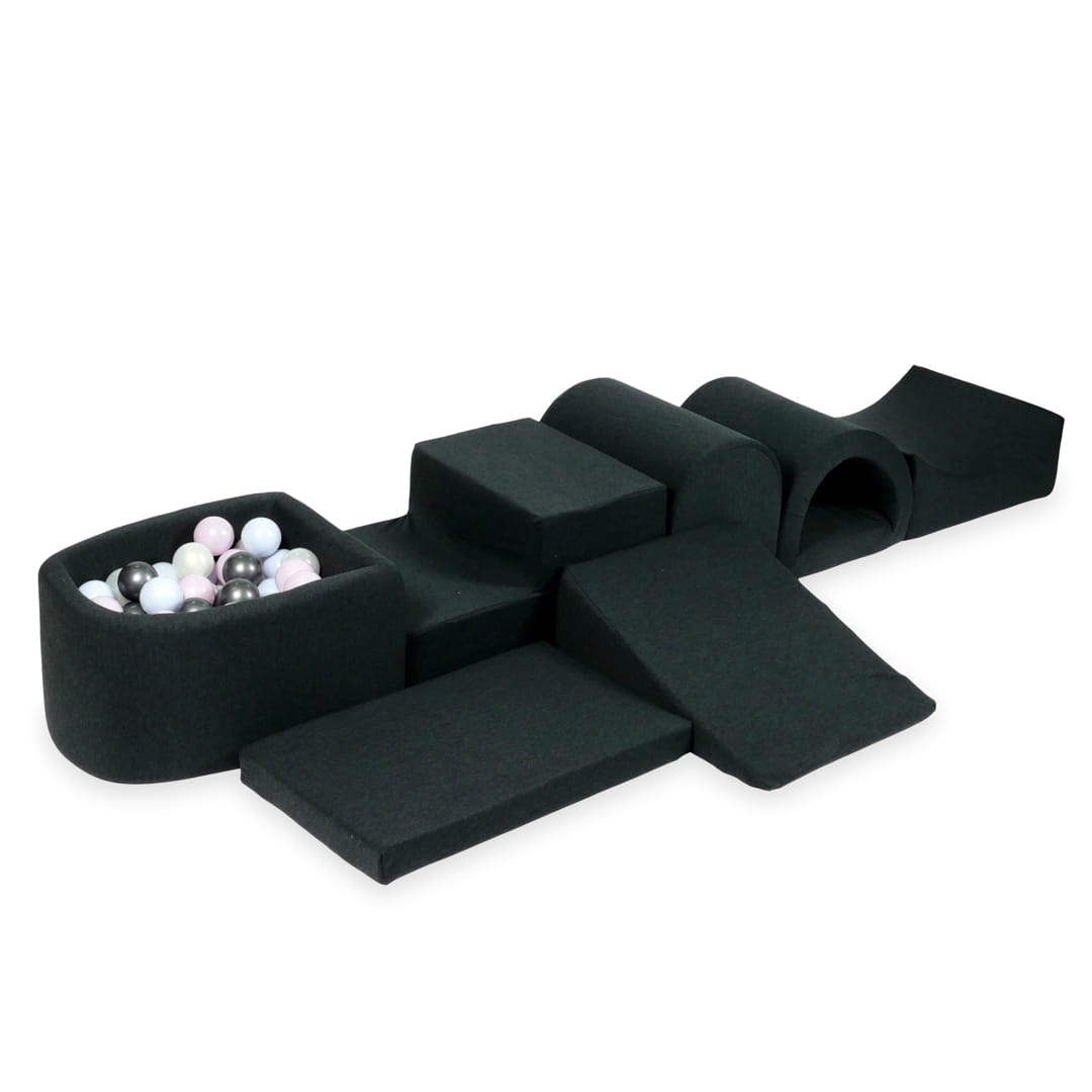 Plus grande aire de jeux en mousse avec piscine micro graphite + 100 balles (rose perle, bleu perle, graphite métallique, iridescent)