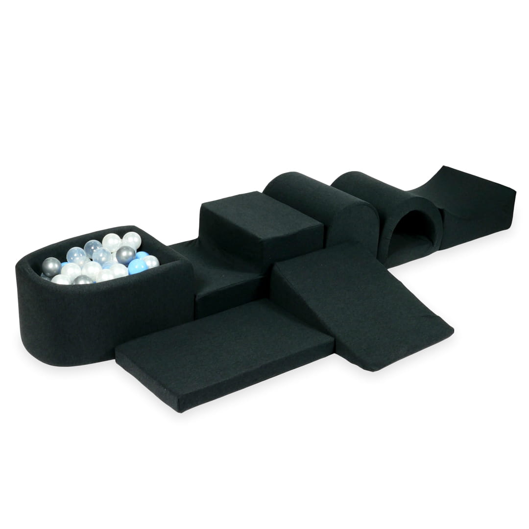 Plus grande aire de jeux en mousse avec micro piscine graphite + 100 balles (argent, bleu clair, perle, transparent)