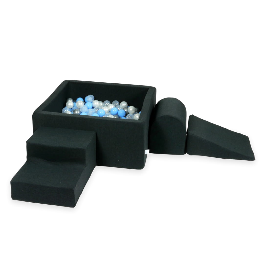 Aire de jeux en mousse avec piscine carrée 90x90x40 graphite + 400 balles (argent, bleu clair, perle, transparent)