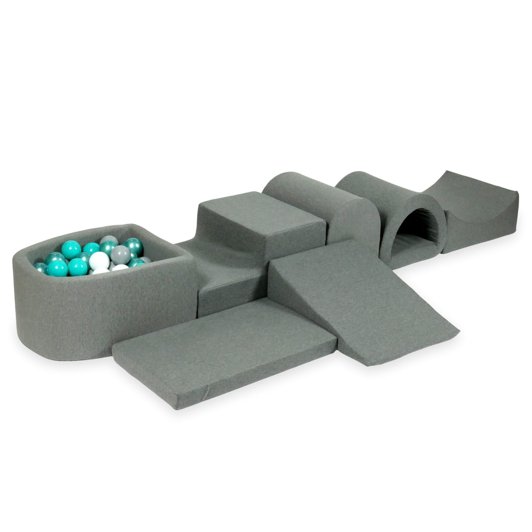 Plus grande aire de jeux en mousse avec piscine micro gris + 100 balles (turquoise métallique, turquoise, gris, blanc)