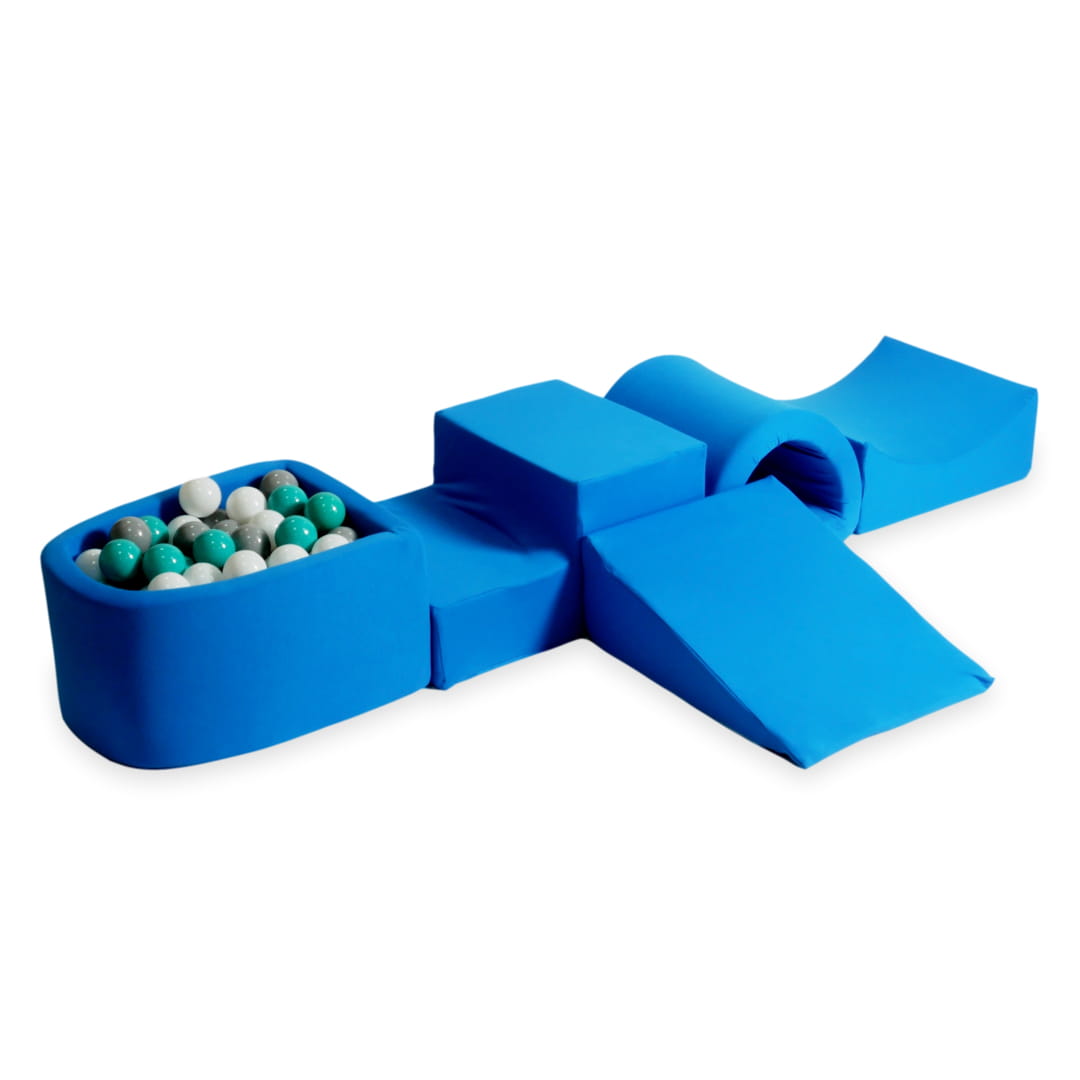 Aire de jeux en mousse avec pont et piscine micro bleu + 100 balles (turquoise, blanc, gris)