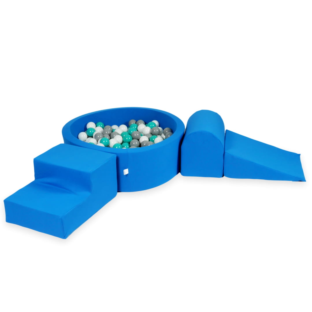 Aire de jeux en mousse avec piscine ronde 90x30 bleu + 200 balles (turquoise, blanc, gris)