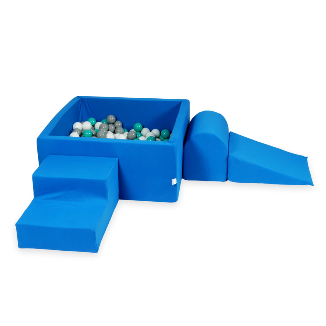 Aire de jeux en mousse avec piscine carrée 90x90x40 bleu + 400 balles (turquoise, blanc, gris)