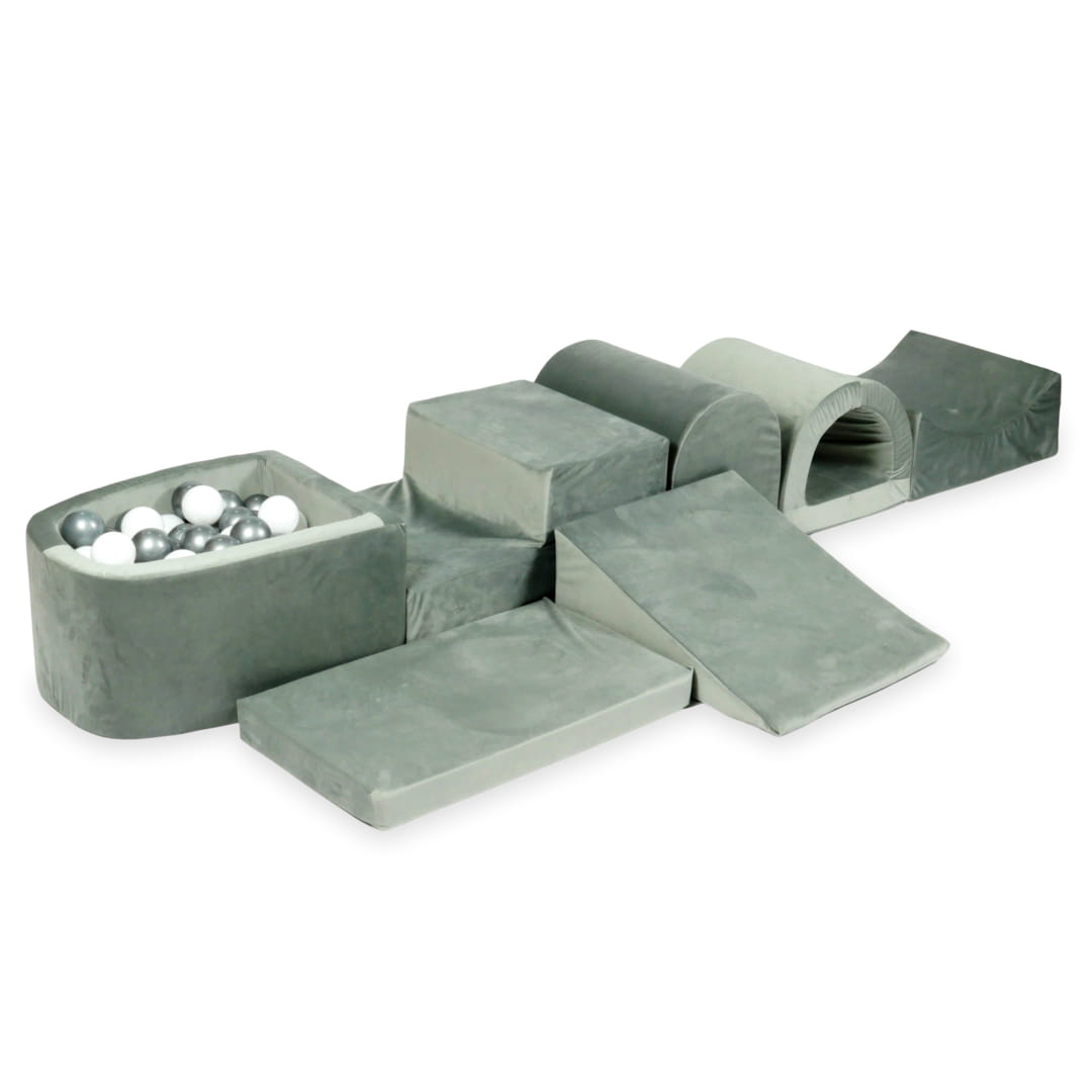 Plus grande aire de jeux en mousse avec piscine micro velvet gris + 100 balles (blanc, argent)